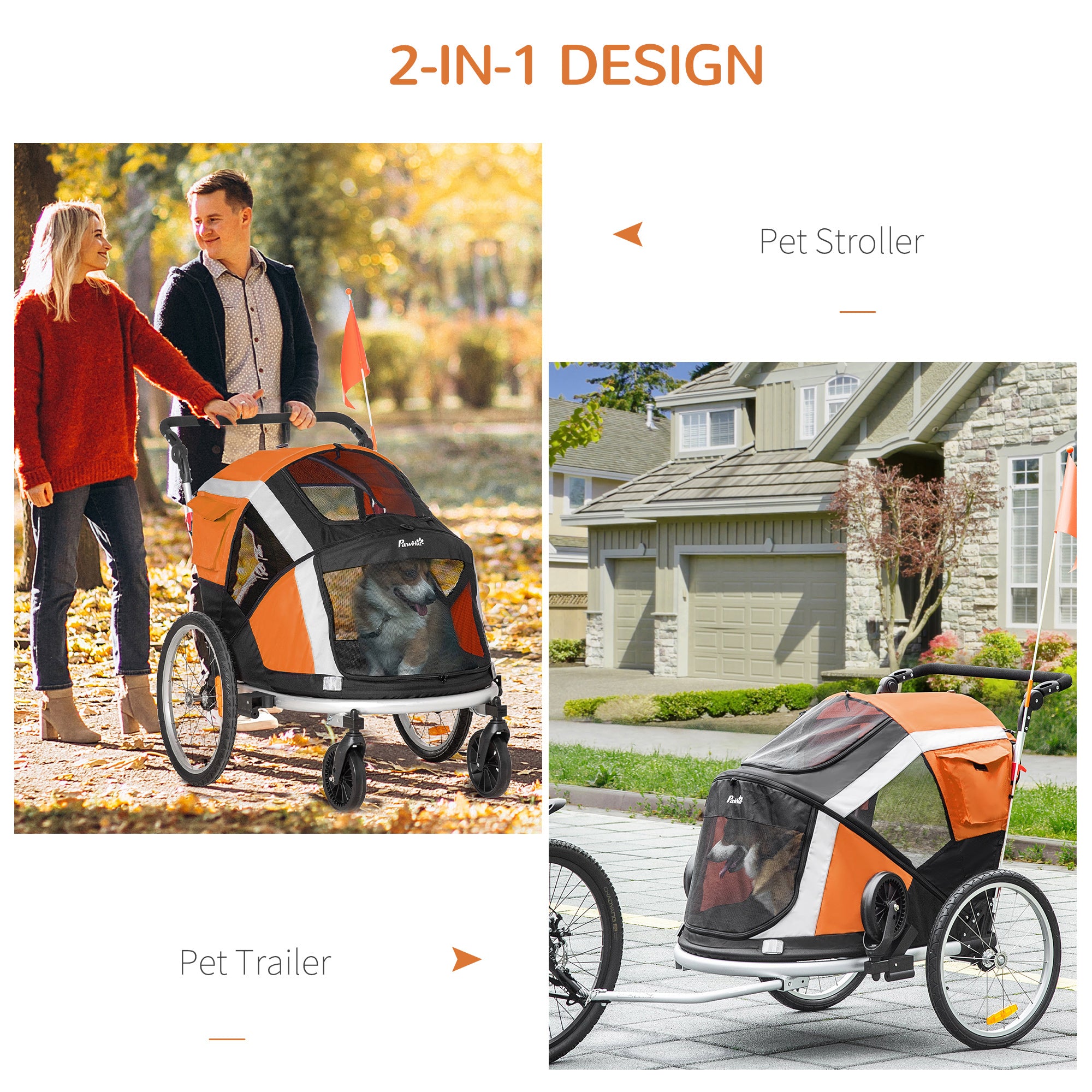 Dog Bike Trailer 2-in-1 Pet Stroller for Large Dogs Cart Foldable Bicycle Carrier Aluminium Frame with Safety Leash Hitch Coupler Flag Orange