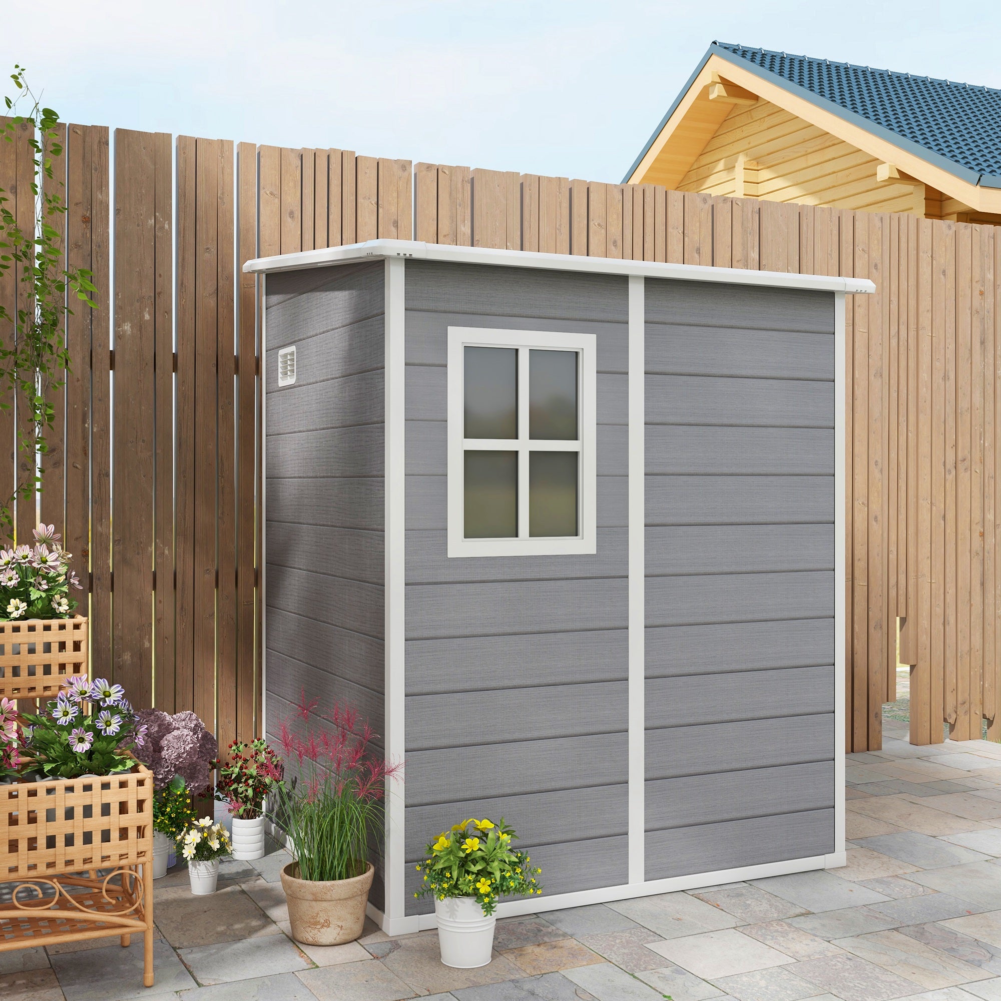 4'x5' Garden Storage Shed, Lean to Shed, Lockable Garden Shed with Window, Vent and Plastic Roof, Grey