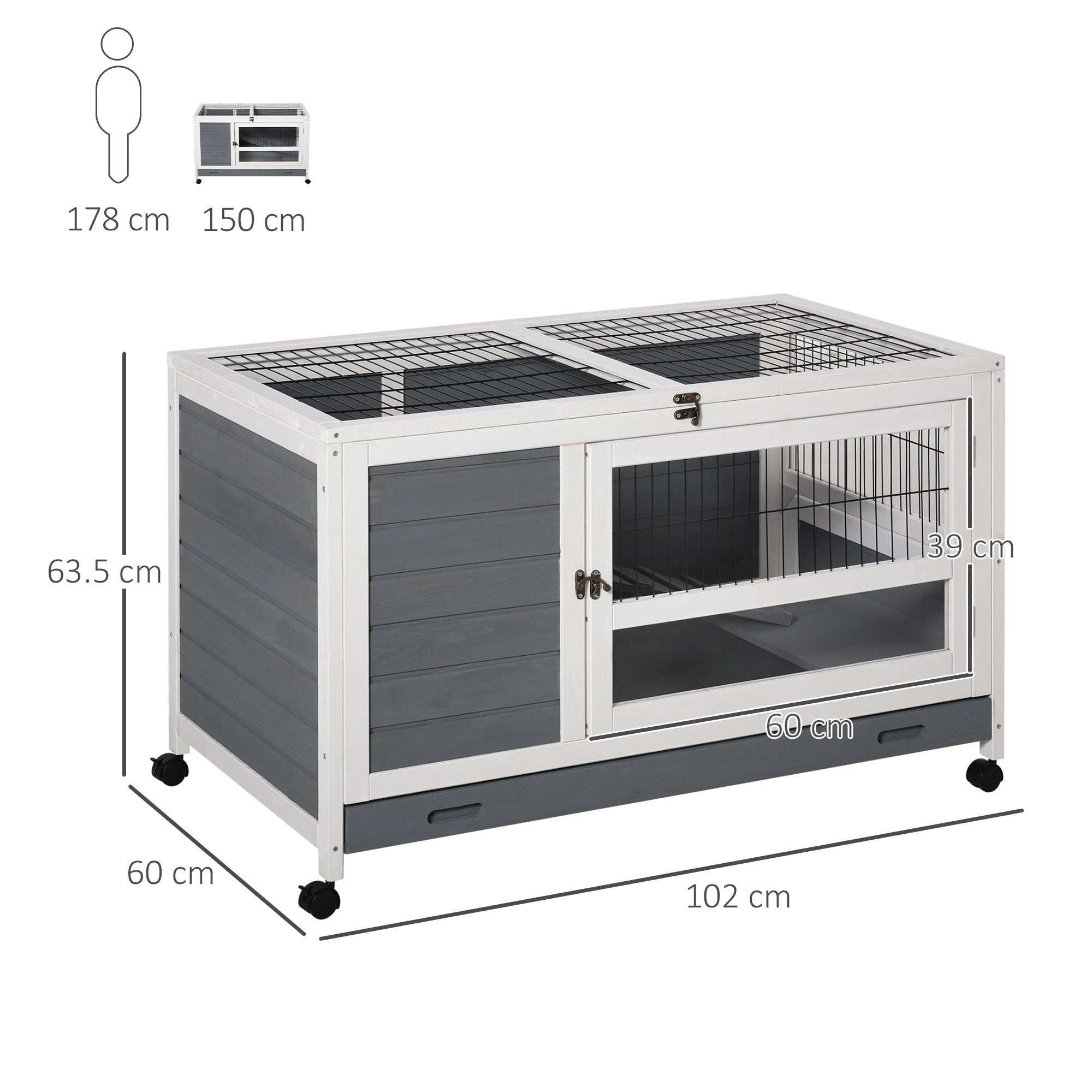 Wooden Rabbit Hutch Elevated Pet Bunny House Rabbit Cage with Slide-Out Tray Indoor Grey