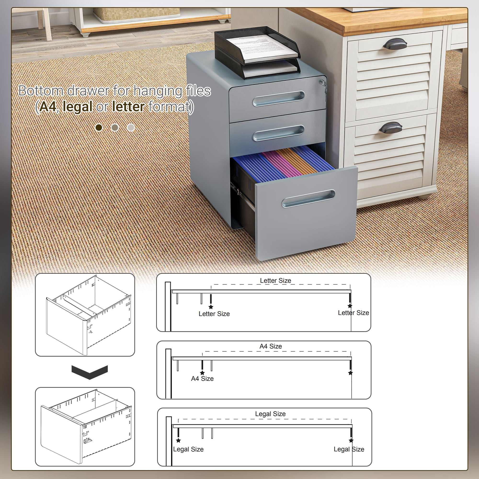 Lockable Cabinet, Rolling Filing Cabinet with 3 Drawers, Steel Office Drawer Unit for A4, Letter, Legal Sized Files