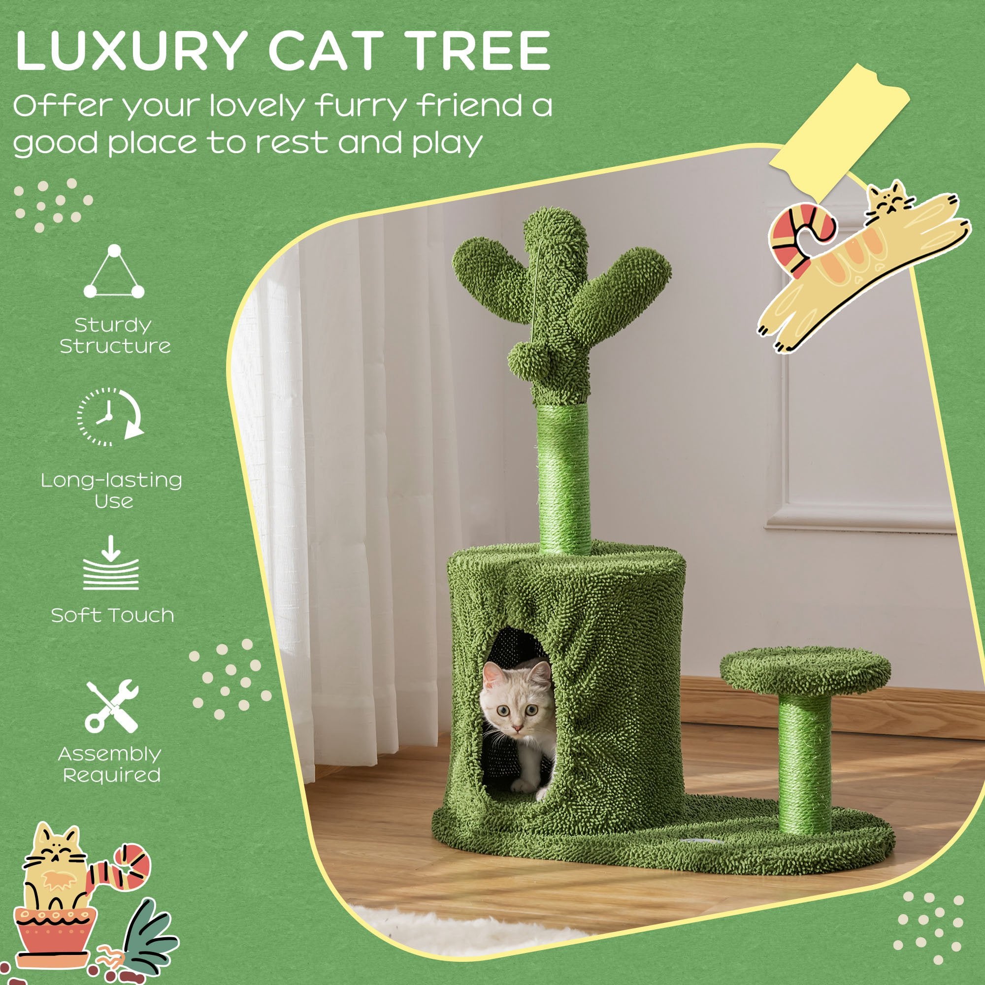 Cat Tree Tower Cactus Shape with Scratching Post Condo Perch Dangling Ball Kitten Toy Play House Activity Center