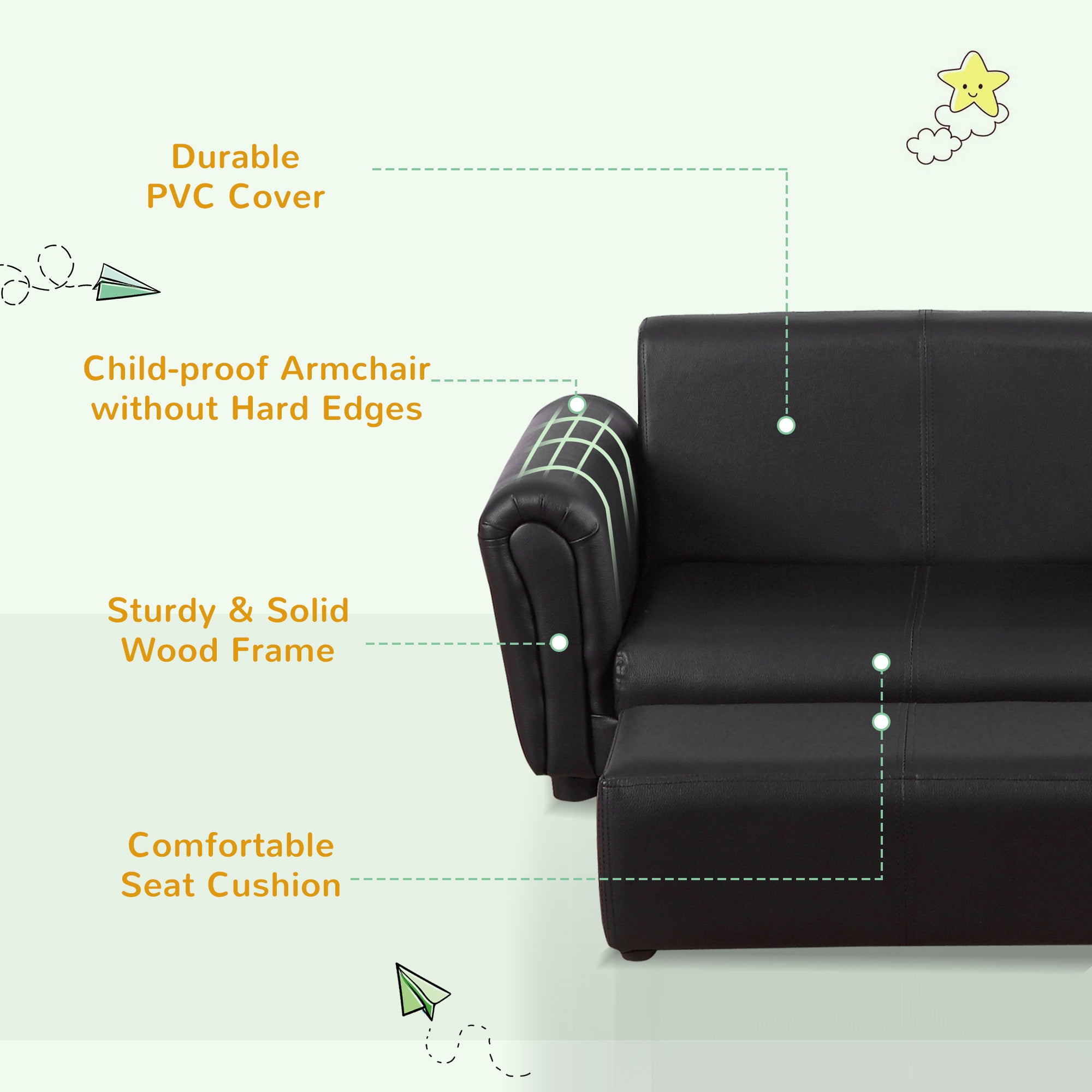 2 Seater Toddler Chair Kids Twin Sofa Childrens Double Seat Chair Furniture Armchair Boys Girls Couch w/ Footstool (Black)