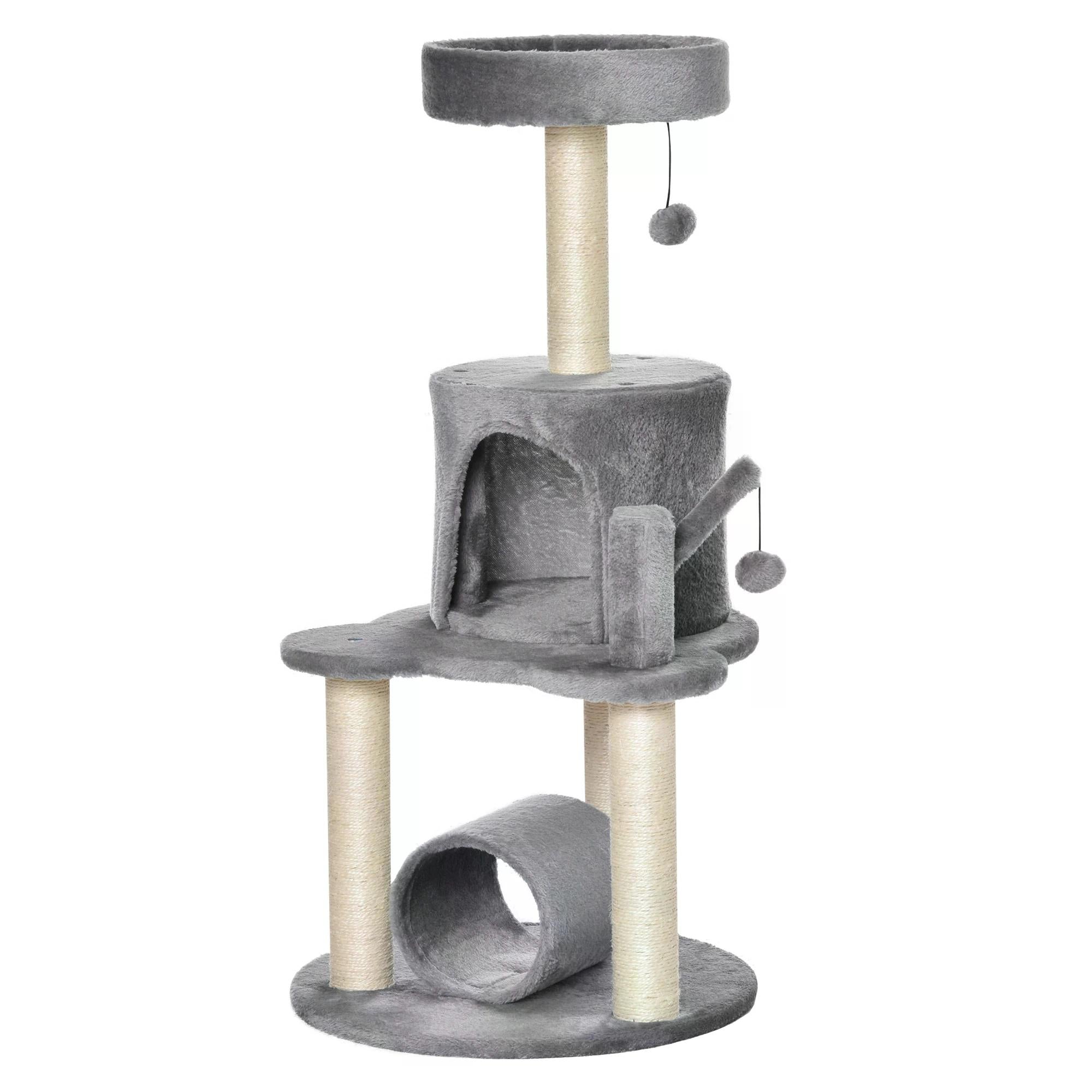 Cat Tree Tower Climbing Activity Center Kitten Furniture with Jute Scratching Post Bed Tunnel Perch Hanging Balls Grey