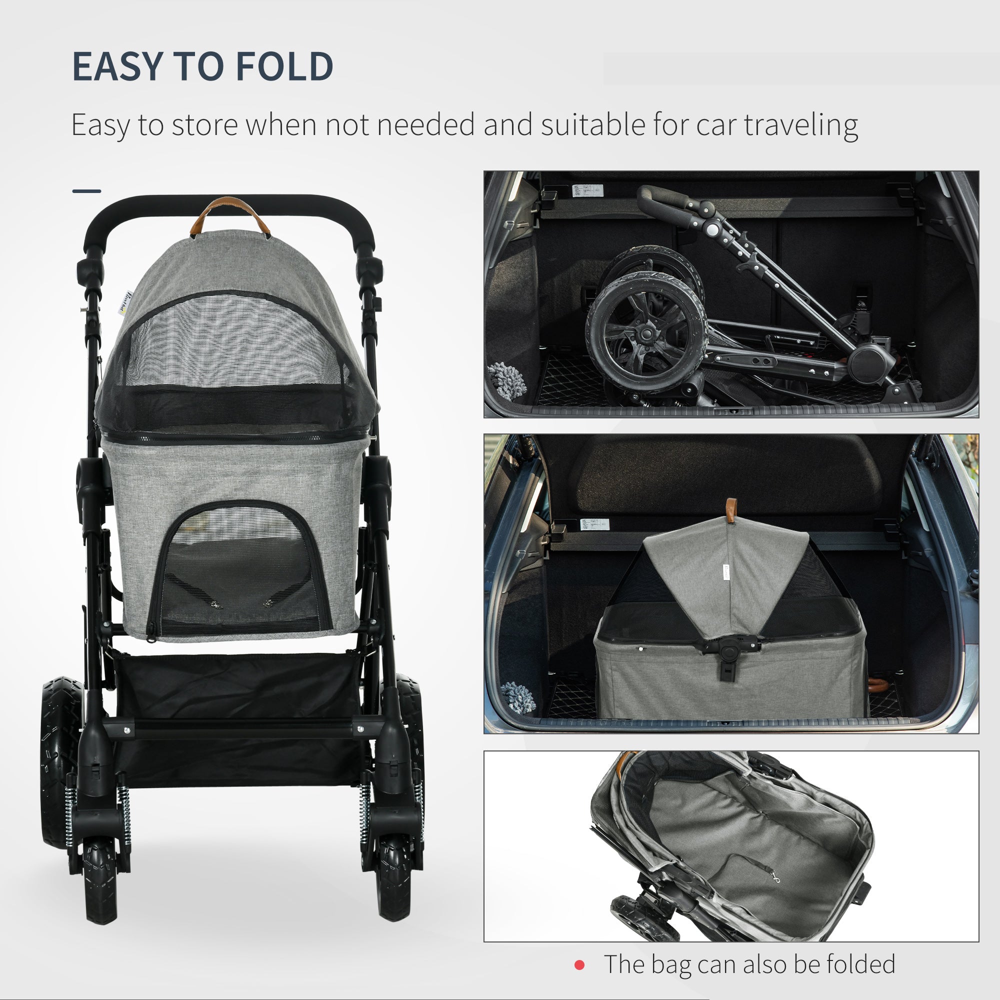 2-In-1 Design No-Zip Pet Stroller Detachable Bag Travel Trolley with Shock-absorbing System Brake Basket Adjustable Handlebar Safety Leash Grey