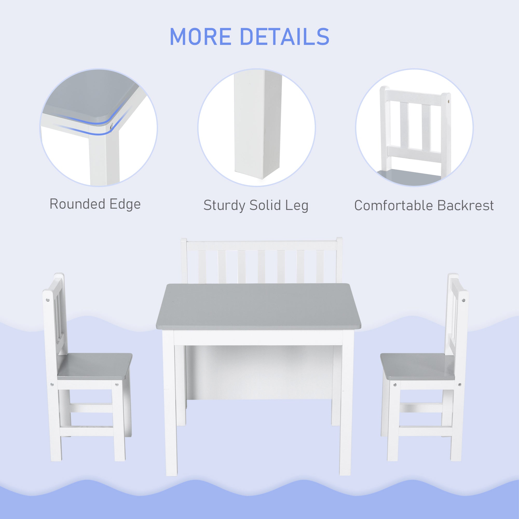 4-Piece Kids Table Set with 2 Wooden Chairs and Storage Bench - Grey/White