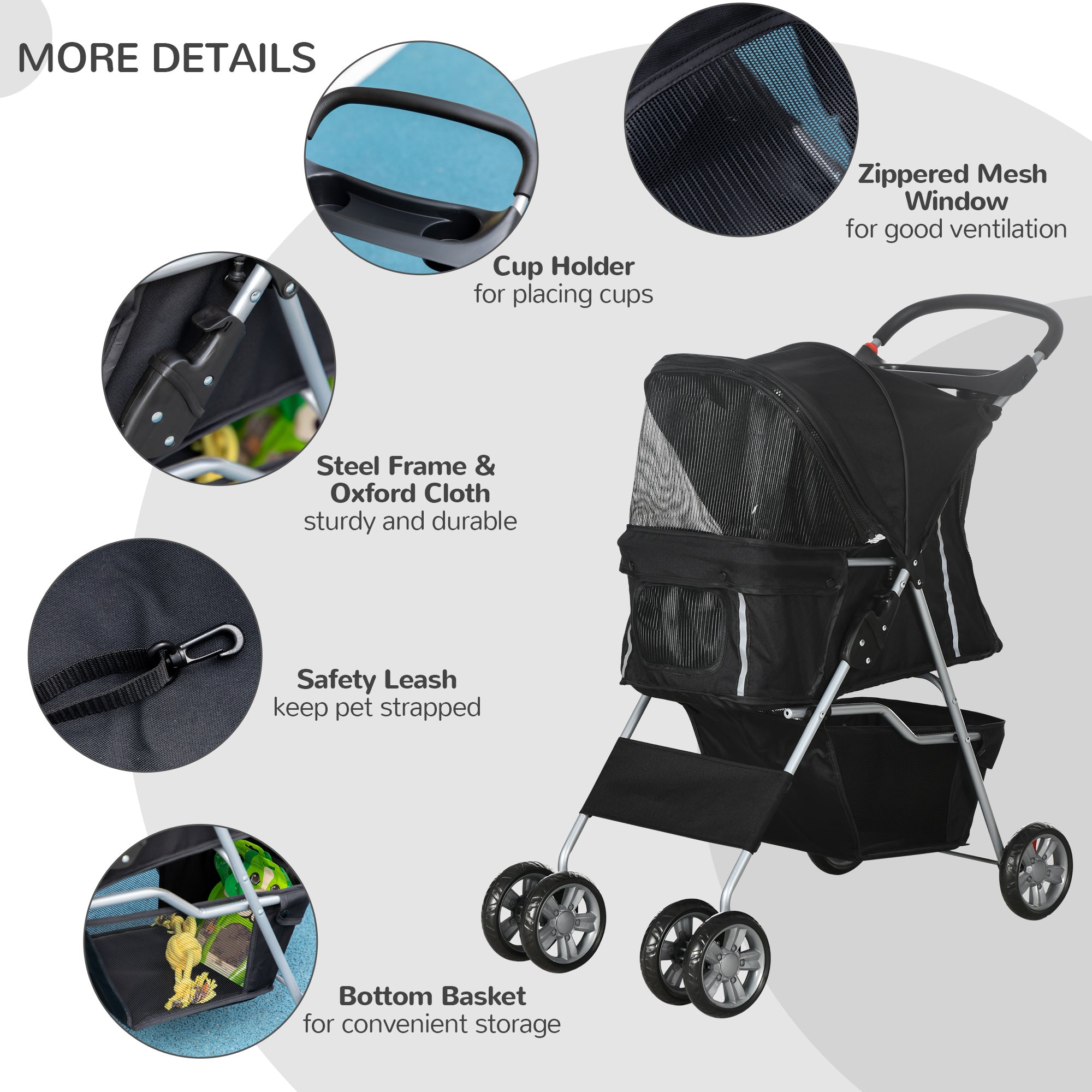 Pet Stroller Dog Pushchair Foldable Travel Carriage for Small Miniature Dogs Cats w/ Zipper Entry Cup Holder, Black