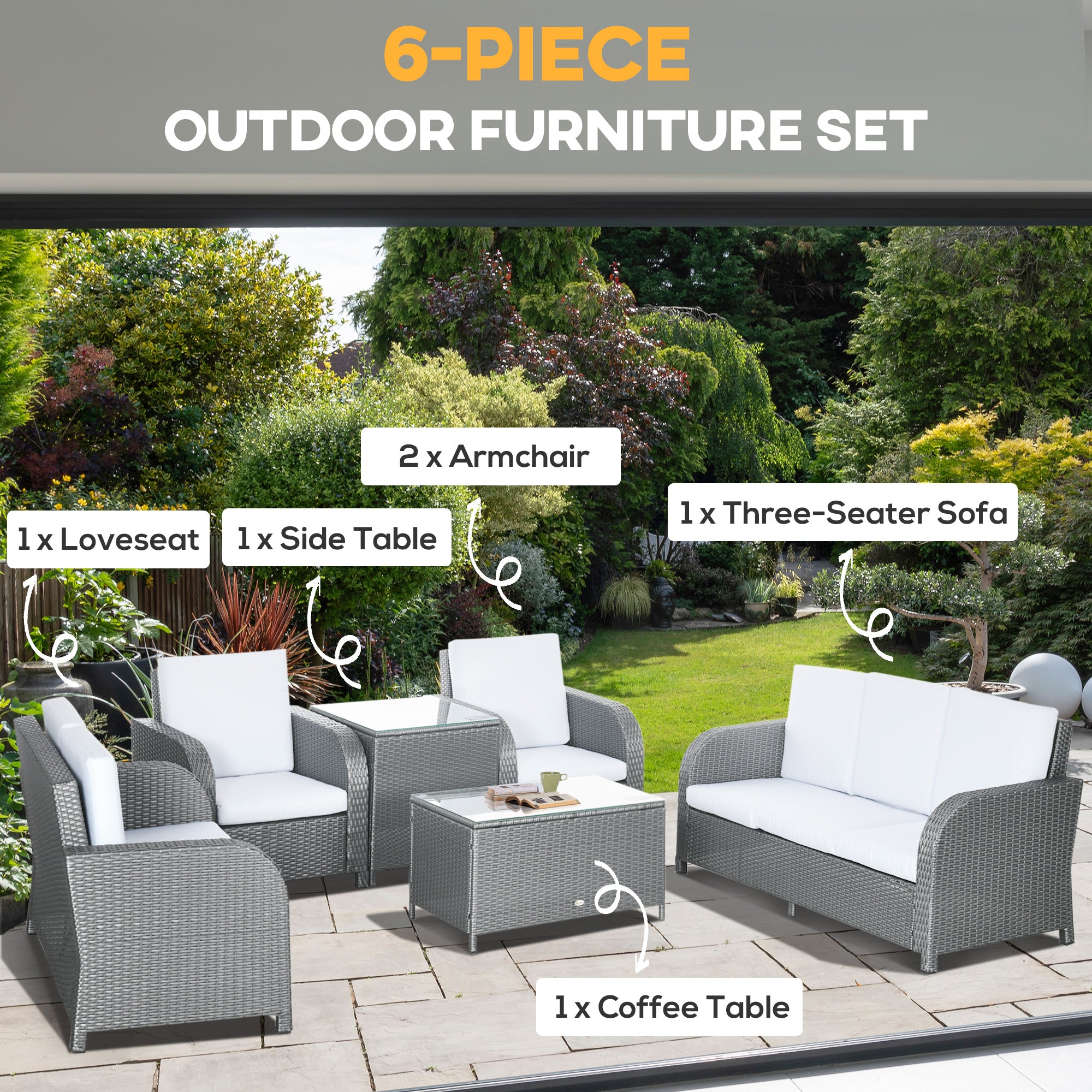 7 Seater Outdoor Rattan Garden Furniture Sets with Wicker Sofa, Reclining Armchair and Glass Table, Grey