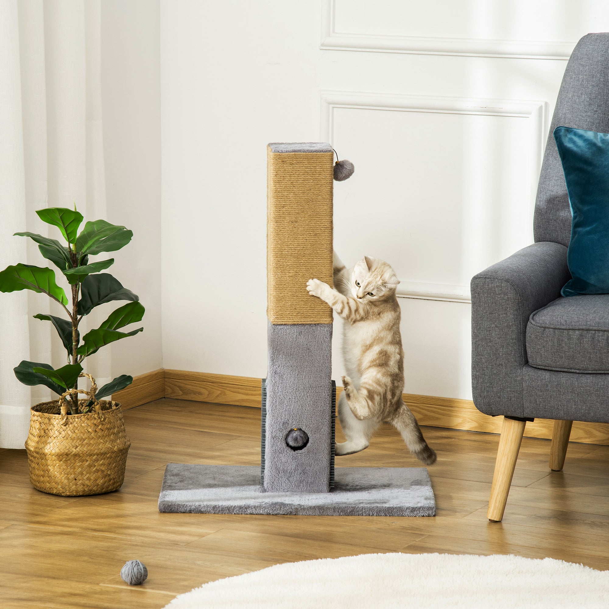 Cat Scratching Post, 79cm Tall Jute Scratcher Climber, Cat Tree Activity Center with Carpet Base, Dangling Ball, Grey