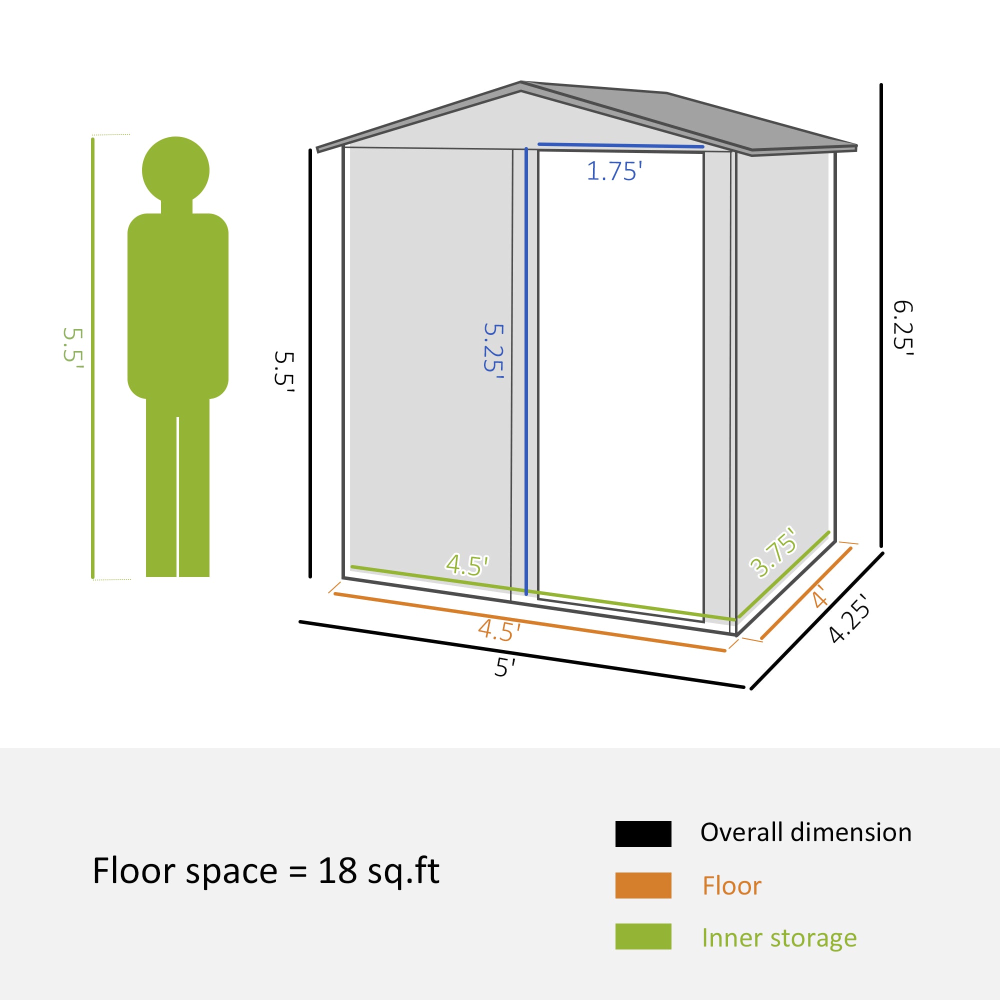 Garden Metal Tool Storage Shed with Sliding Door, Sloped Roof and Floor Foundation, 152 x 132 x 188cm, Green