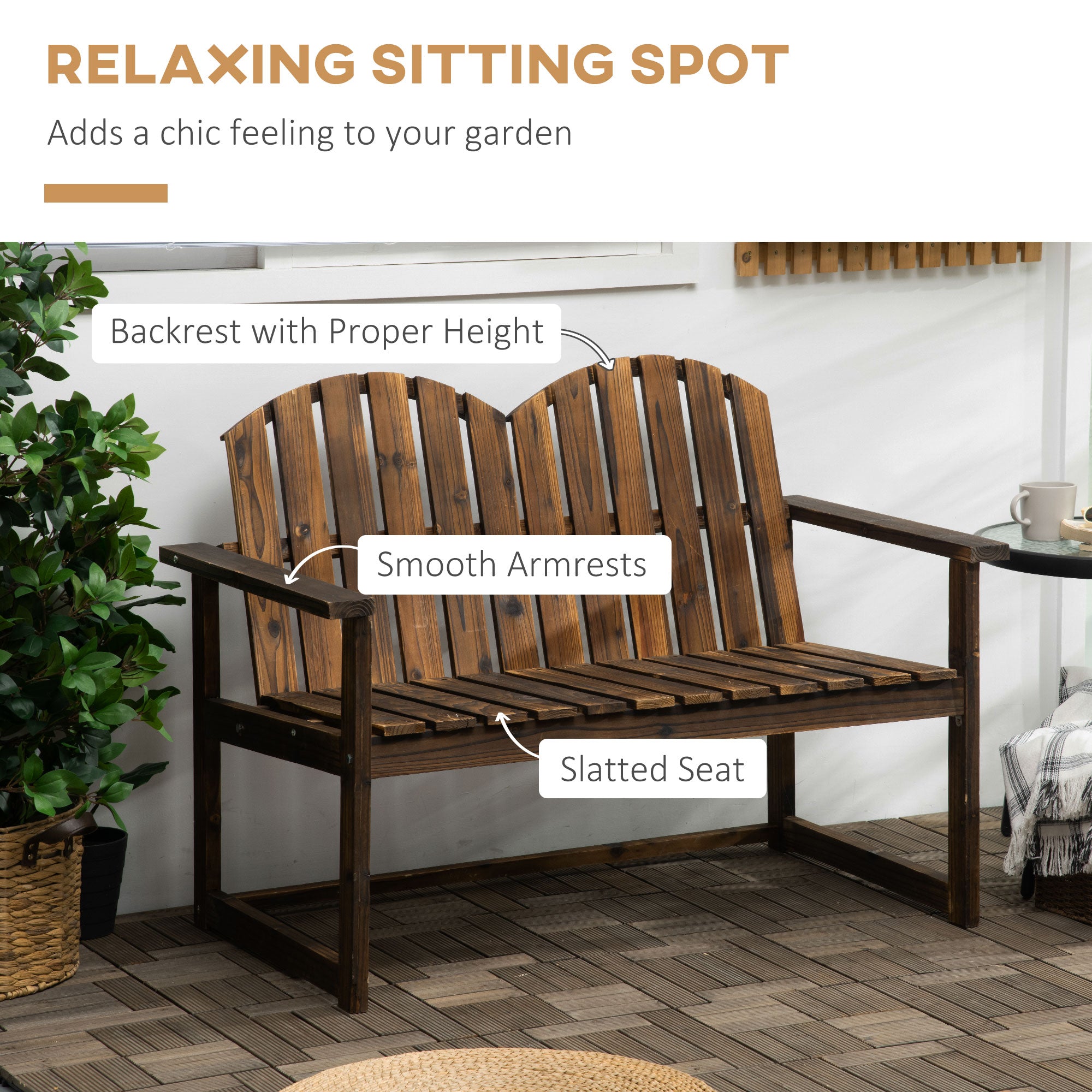 2 Seater Outdoor Wooden Garden Bench with Carbonised Finish - Carbonised