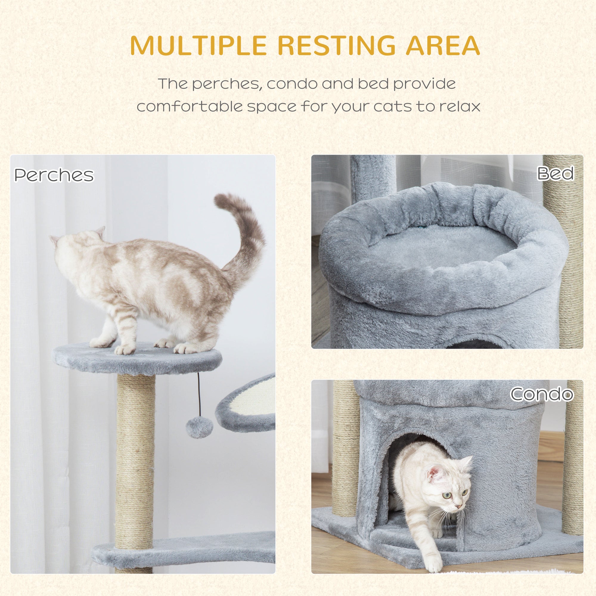 Cat Tree Tower Kitten Activity Center Scratching Post with Condo Bed Scratcher Perch Ball Toy Grey