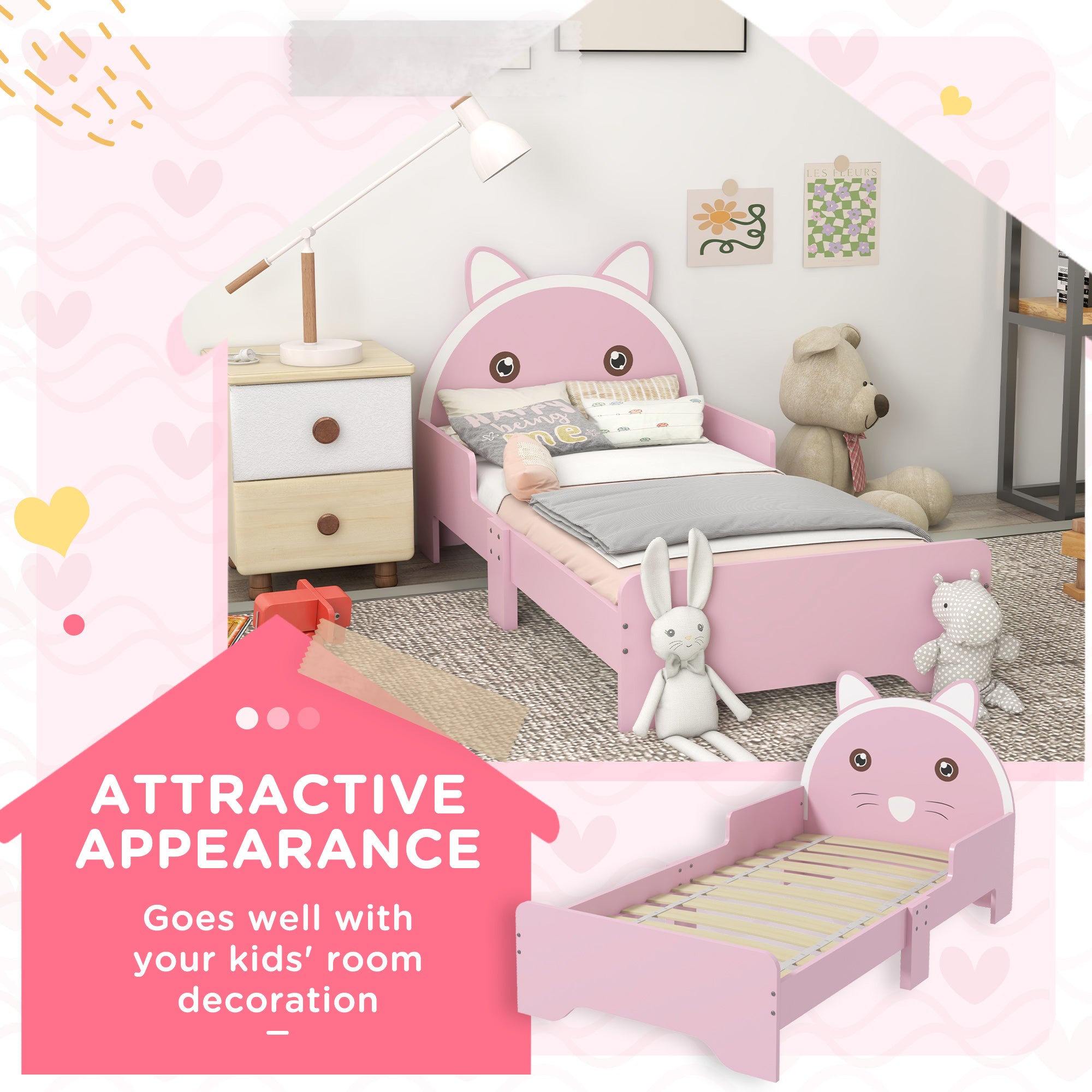 Bed for Kids Cat Design Toddler Bed Frame Bedroom Furniture with Guardrails, for 3-6 Years, 143L x 74W x 72Hcm - Pink