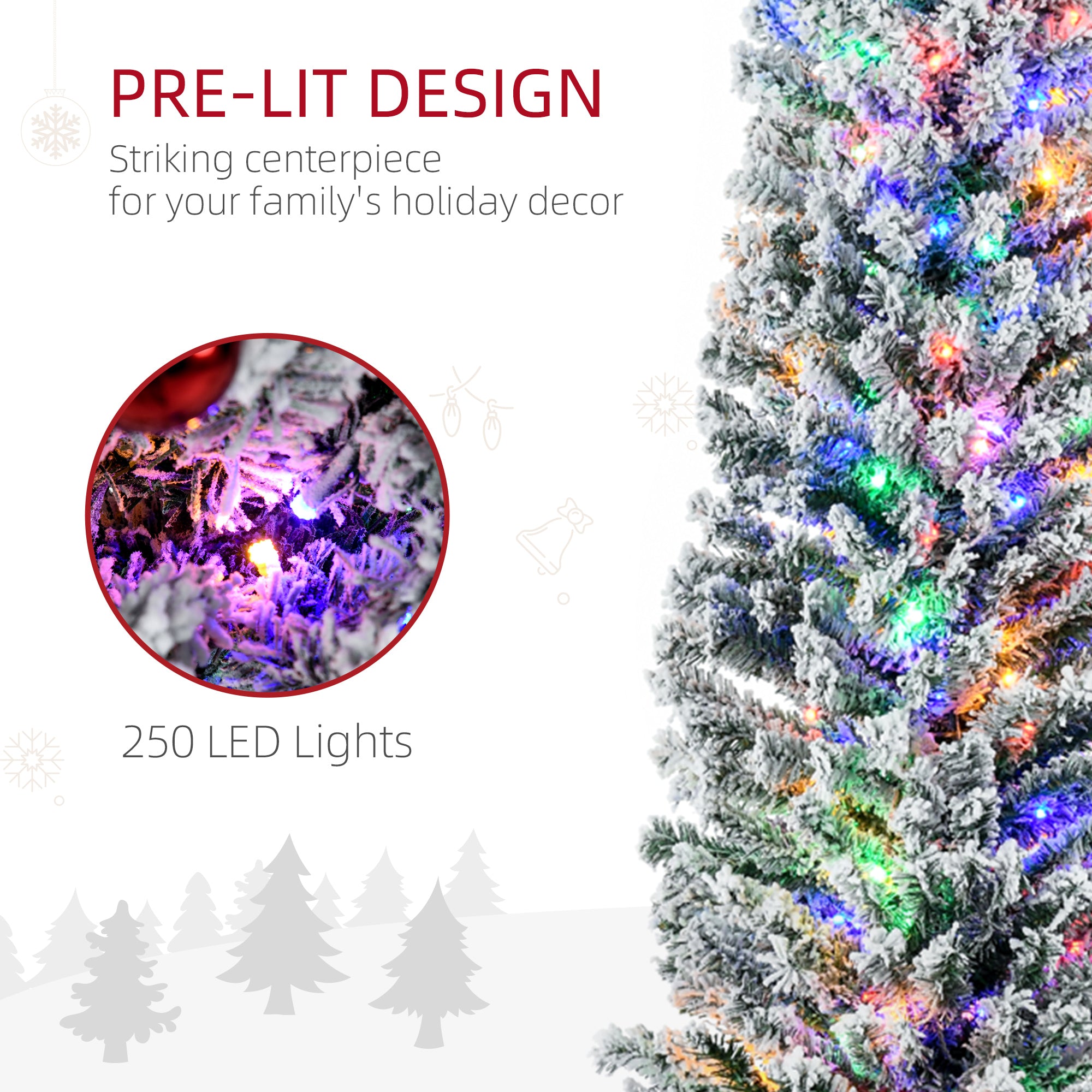 7.5' Artificial Prelit Christmas Trees Holiday Décor with Warm White LED Lights, Flocked Tips, Berry, Pine Cone