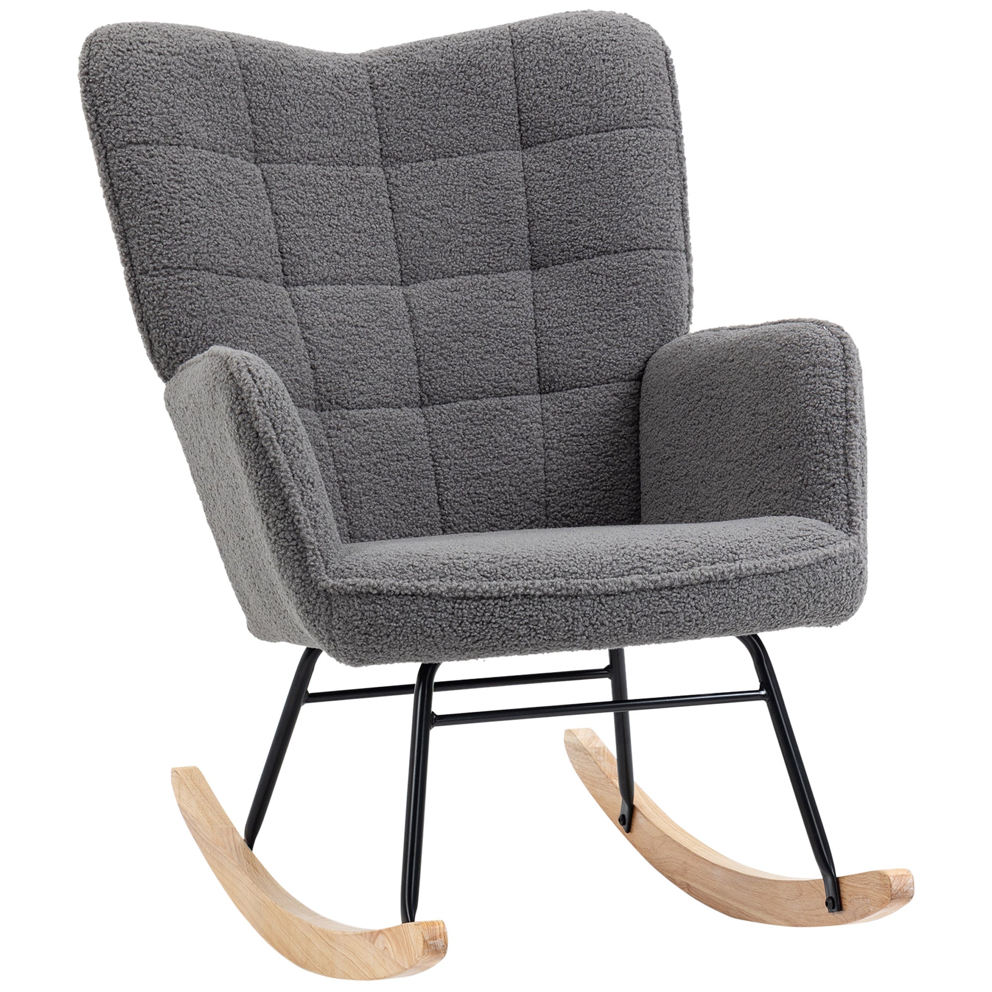 Wingback Rocking Chair for Nursing, Berber Fleece Nursery Glider Rocker, Modern Armchair for Living Room, Dark Grey