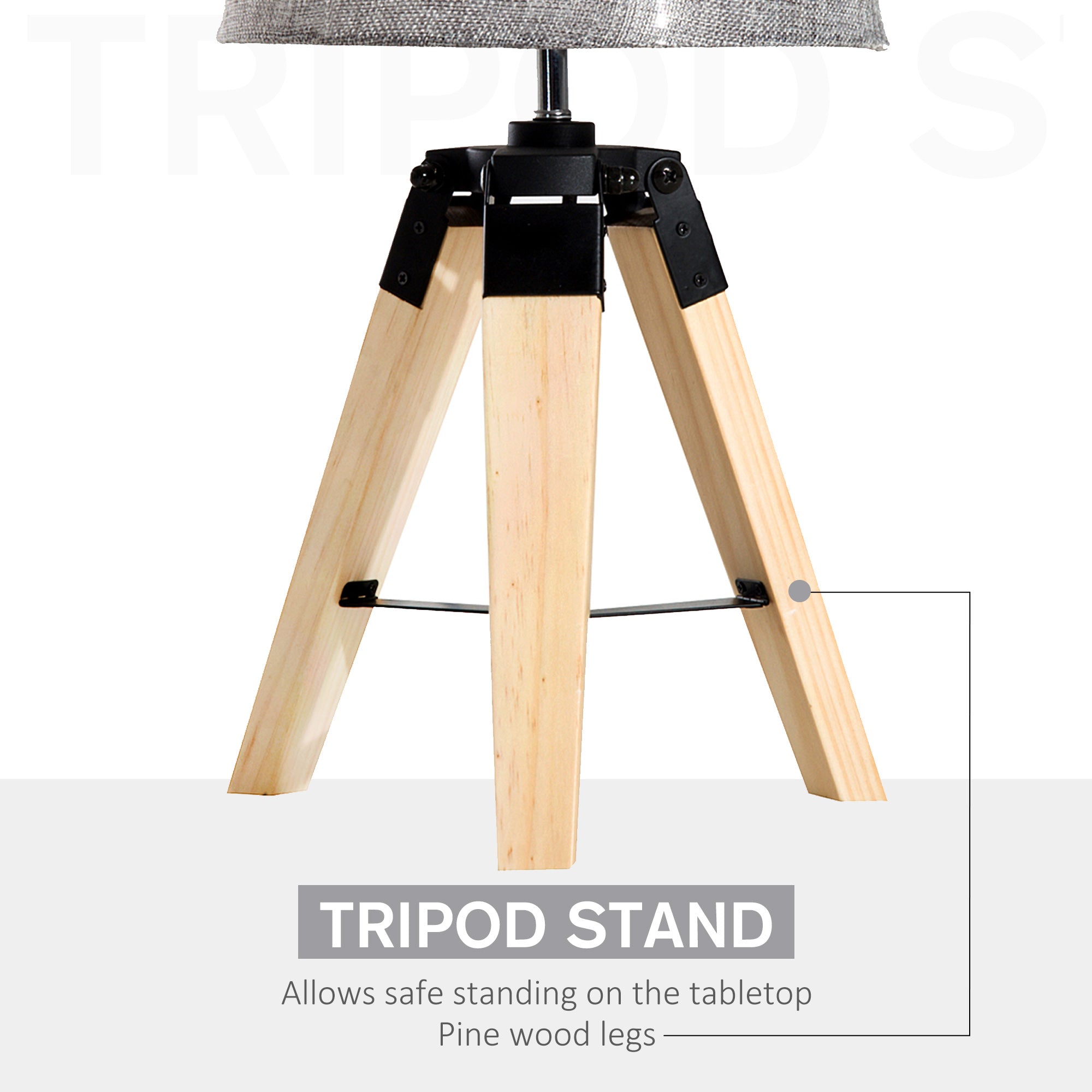 Wooden Tripod Table Lamp for Side, Desk or End Table with E27 Bulb Base（Grey Shade）