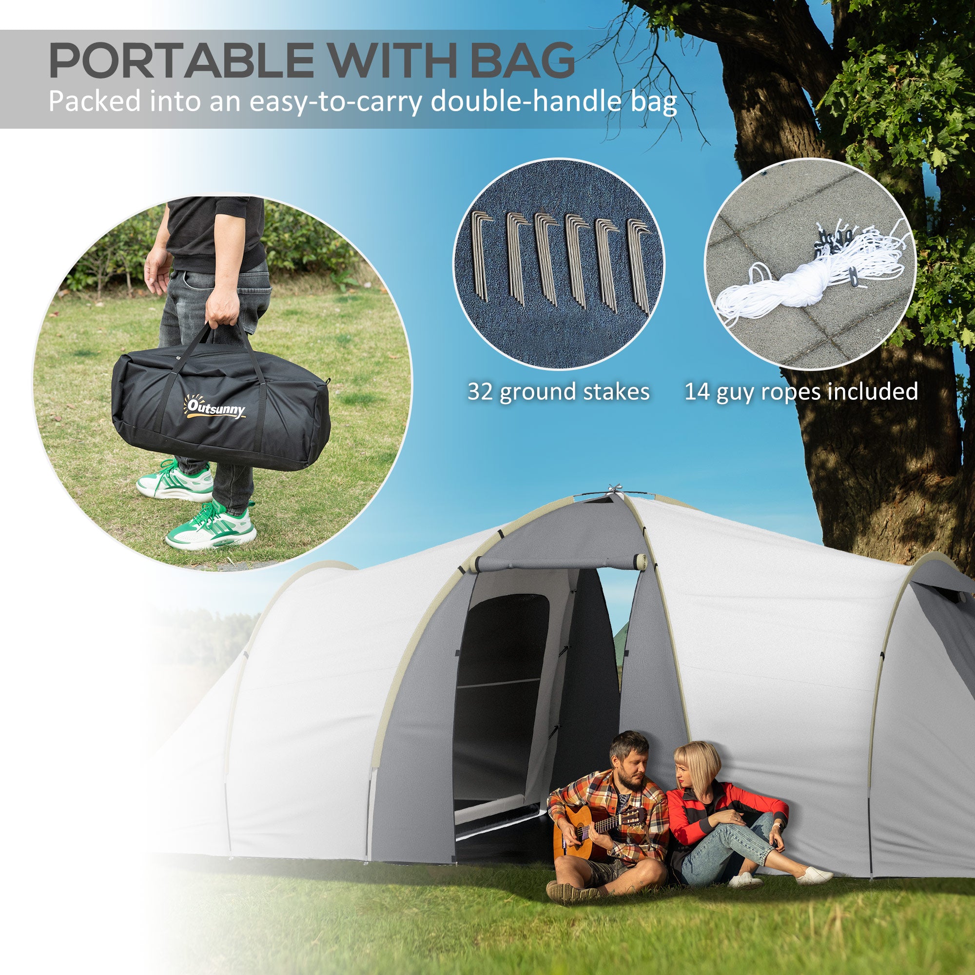 4 Person Waterproof Tunnel Tent with Two Bedrooms and Vestibule - Green