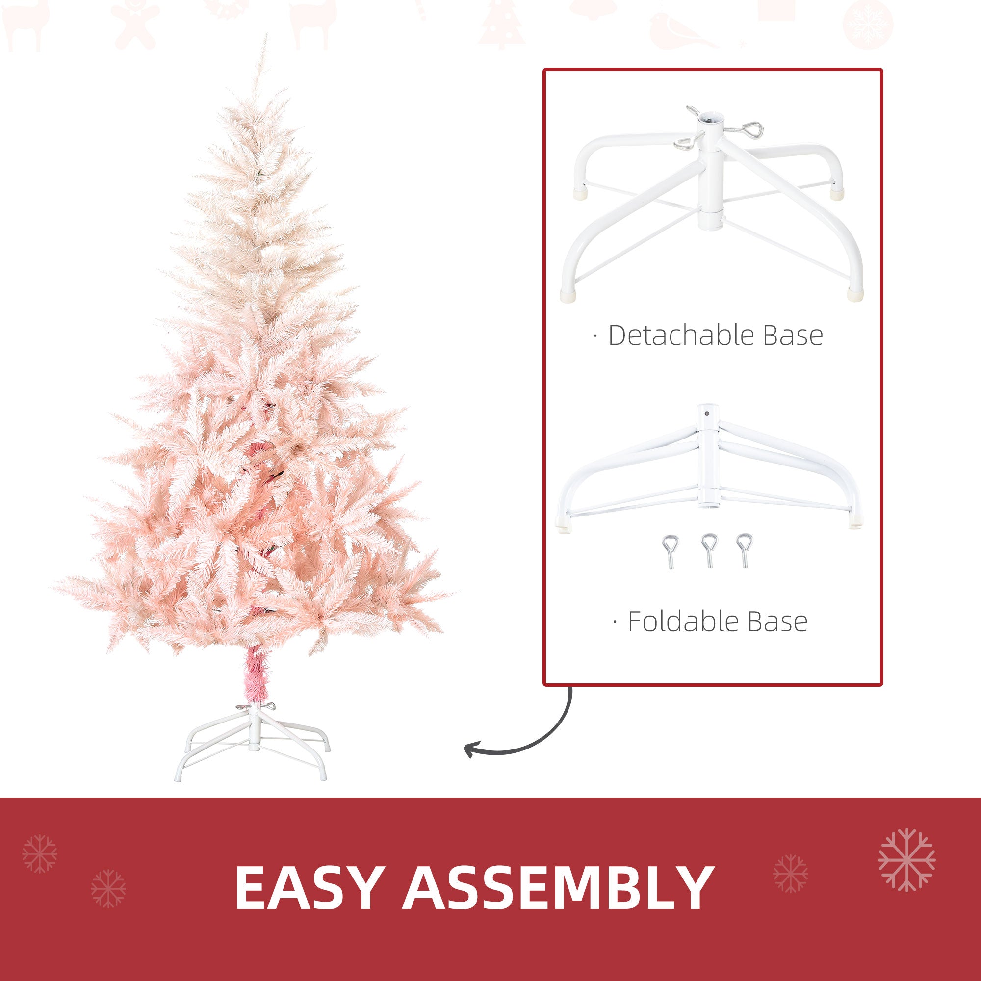 5ft Artificial Christmas Tree Holiday Home Decoration with Metal Stand, Automatic Open, White and Pink