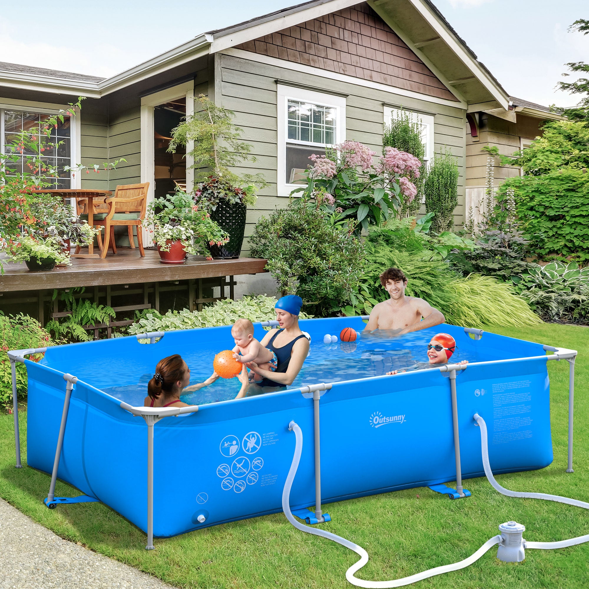 Steel Frame Pool with Filter Pump and Filter Cartridge Rust and Reinforced Sidewalls Resistant Above Ground Pool Blue 315 x 225 x 75cm by Outsunny