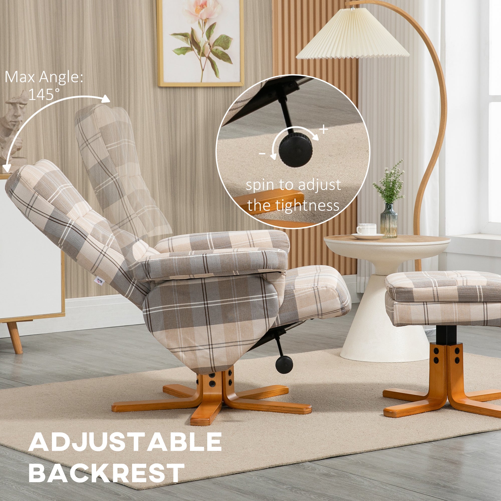 Linen Swivel Recliner Chair with Storage Ottoman and Wooden Base - Multicolour