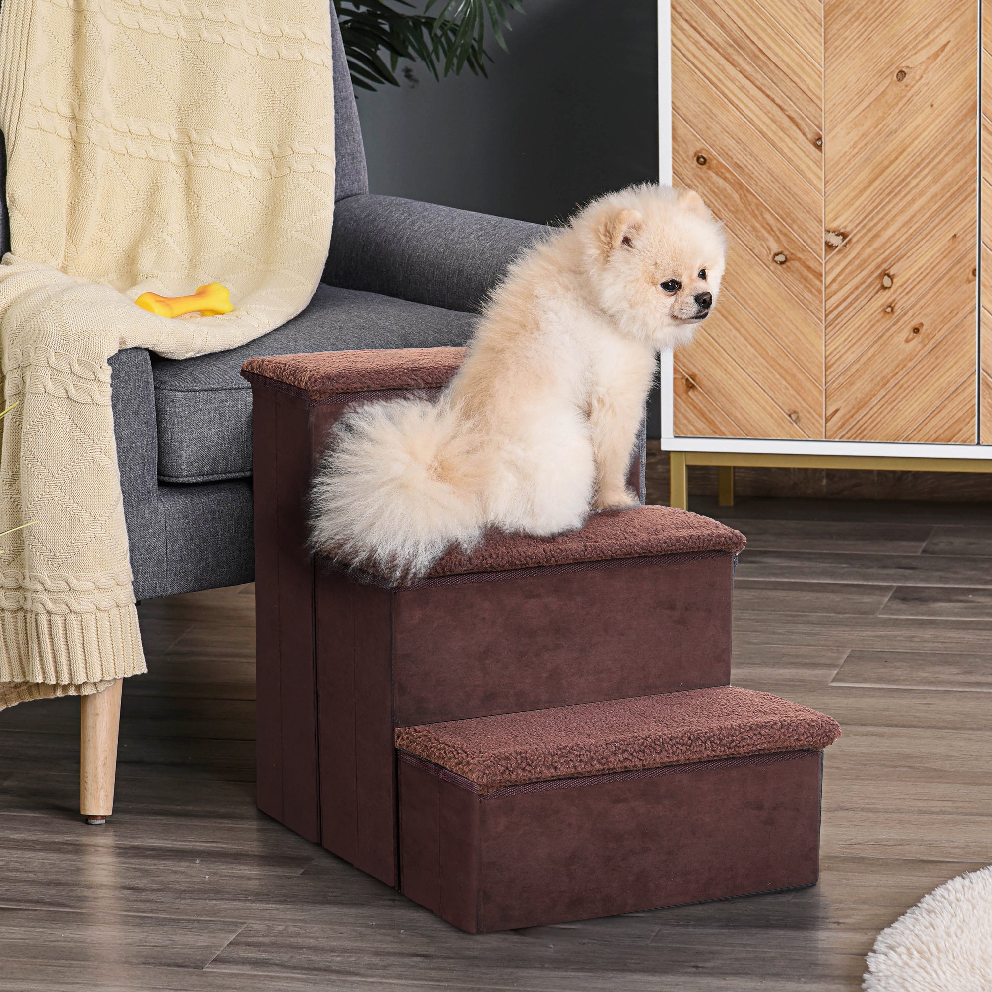 3 Step Pet Stairs Foldable Portable Mobility Assistance w/ Washable Fleece Cover 41x19cm Brown