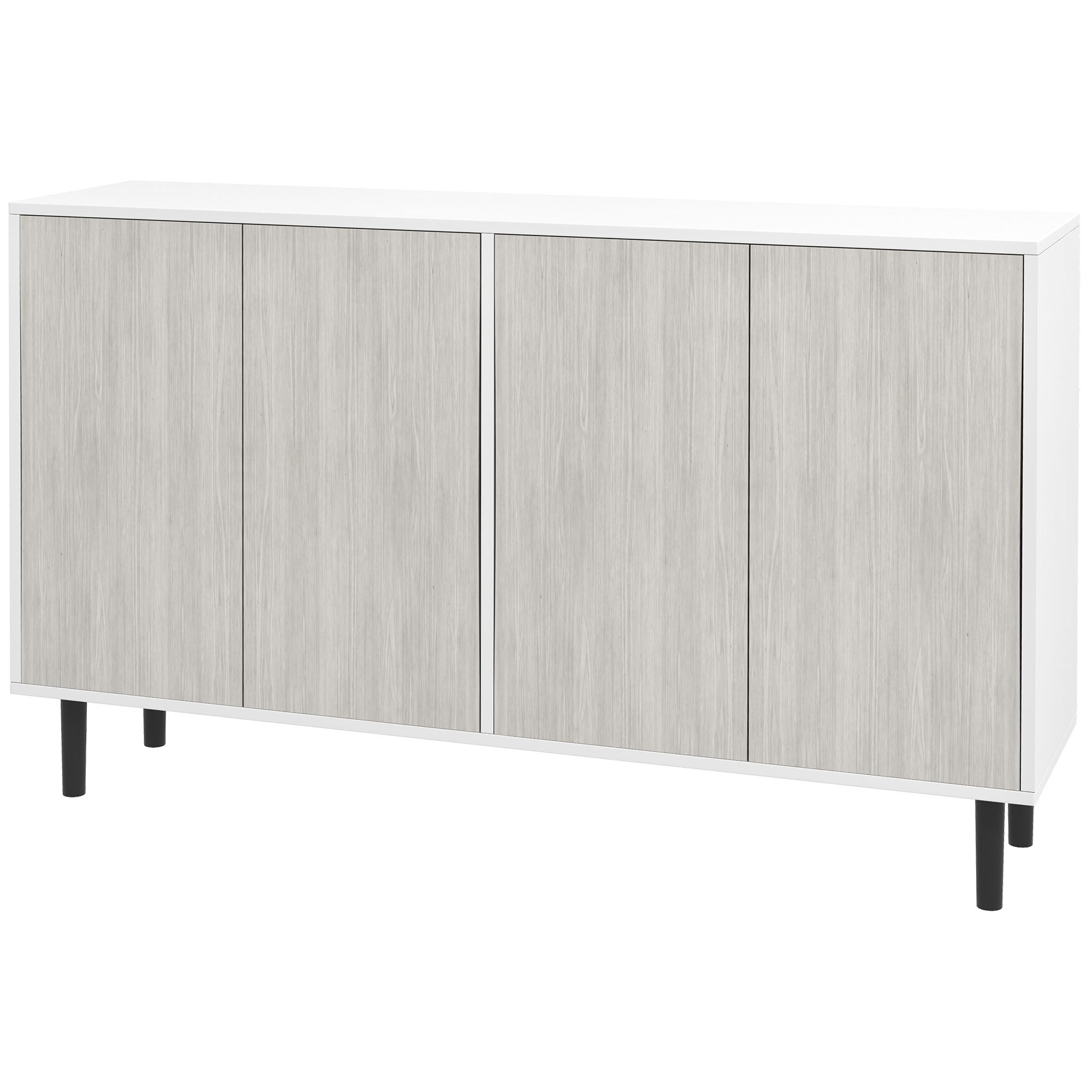 Kitchen Sideboard Storage Cabinet for Living Room with Adjustable Shelves 4 Doors and Pine Wood Legs White