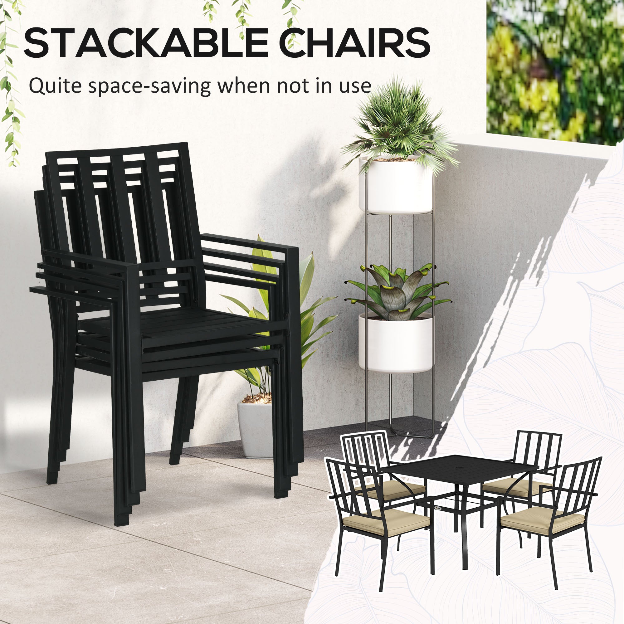 5 Pieces Garden Dining Set with Cushions, Outdoor Table and 4 Stackable Chairs, Metal Top Table with Umbrella Hole, Black