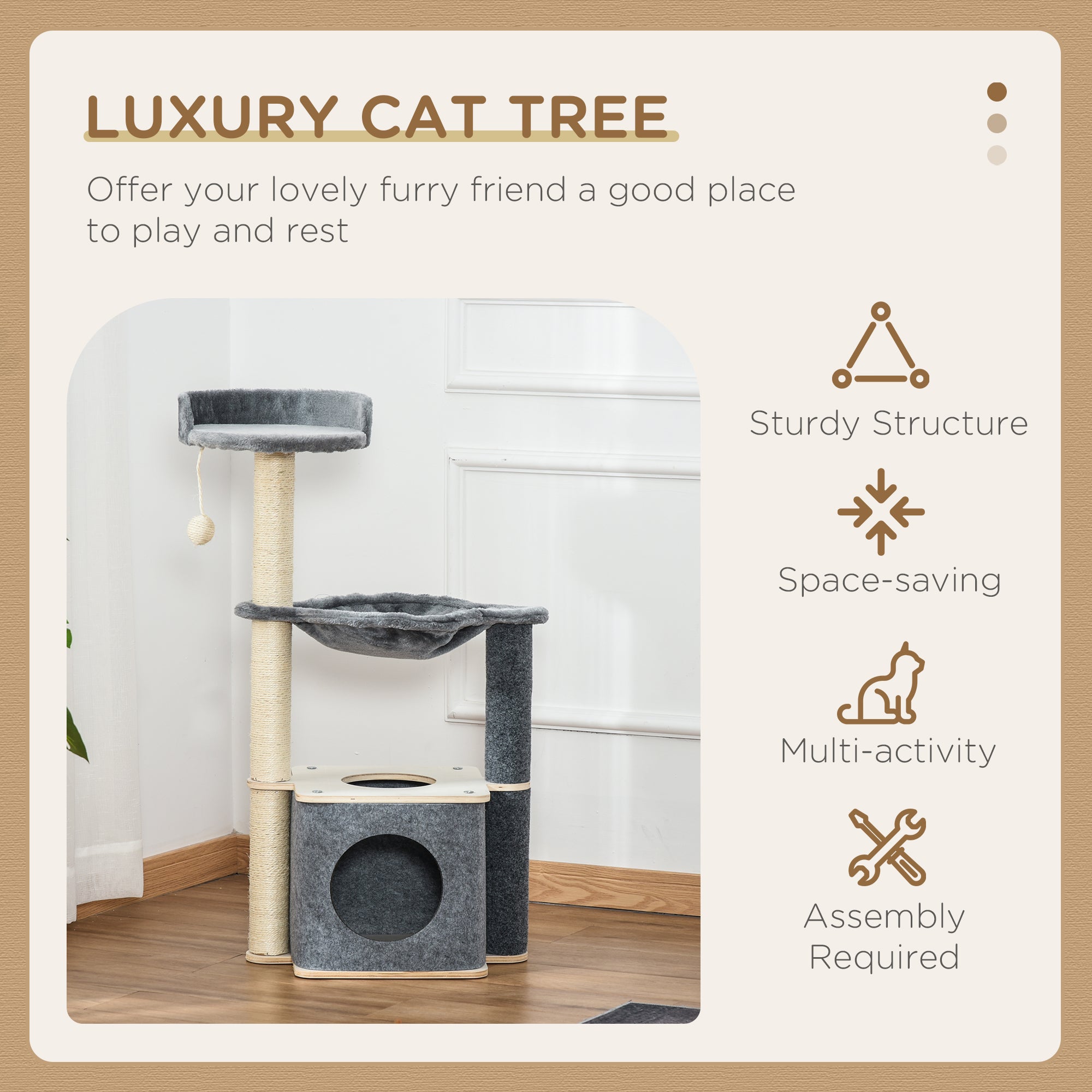 Cat Tree Cat Tower 95cm Climbing Kitten Activity Center with Sisal Scratching Post Perch Roomy Condo Hammock, Grey