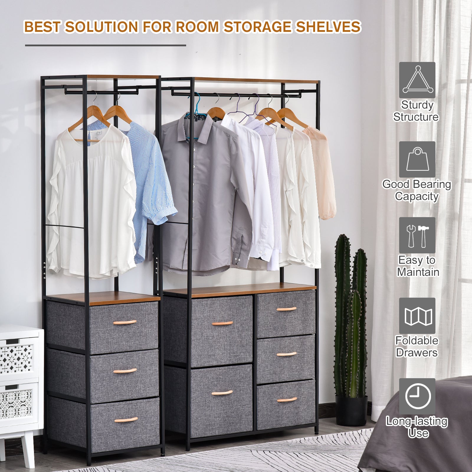 Chest of Drawers with Coat rack Steel Frame 3 Drawers Bedroom Hallway Home Furniture Black Brown