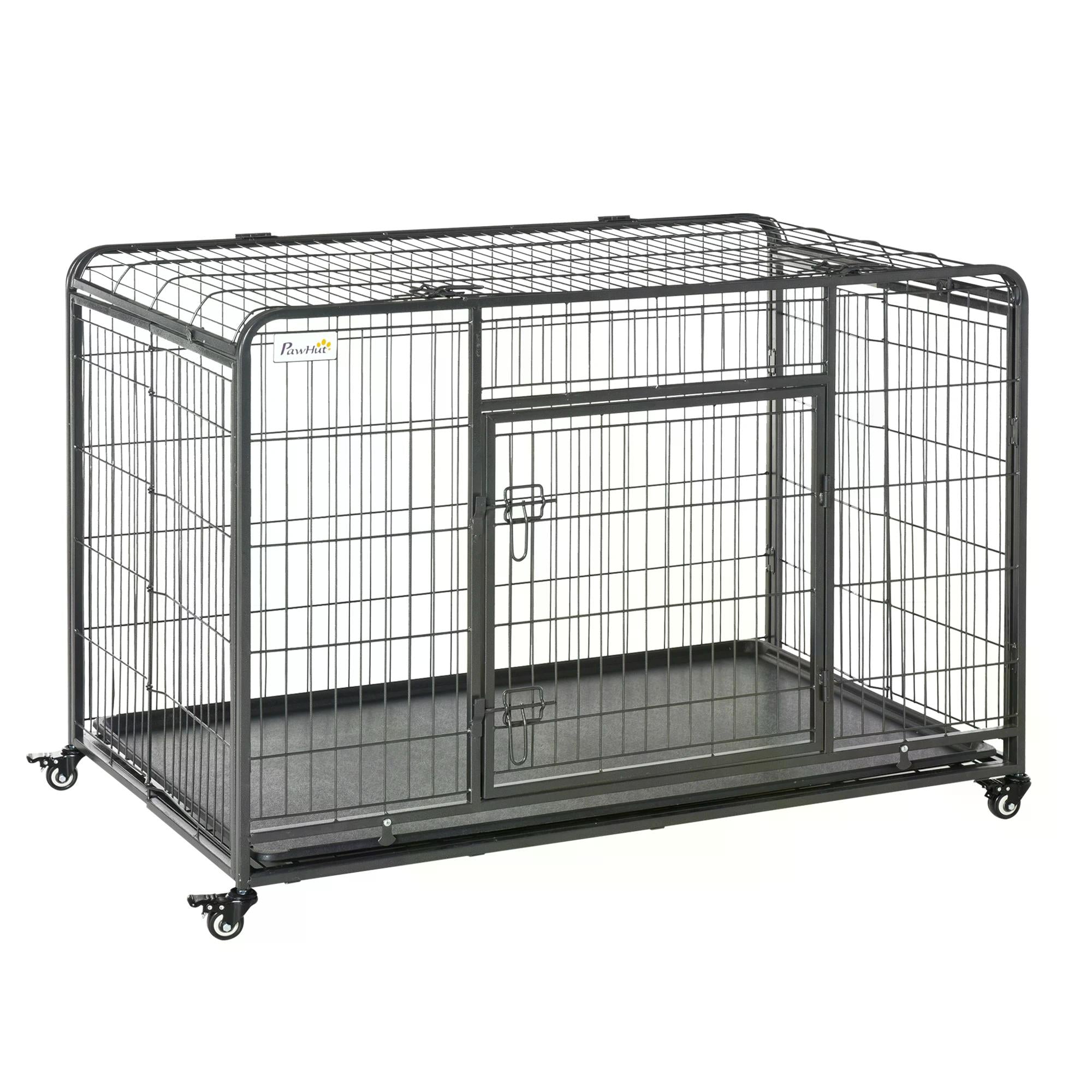 Heavy Duty Dog Crates Foldable Doge Kennel and Dog Cage Pet Playpen with Double Doors Removable Tray Lockable Wheels 125cm x 76cm x 81cm.