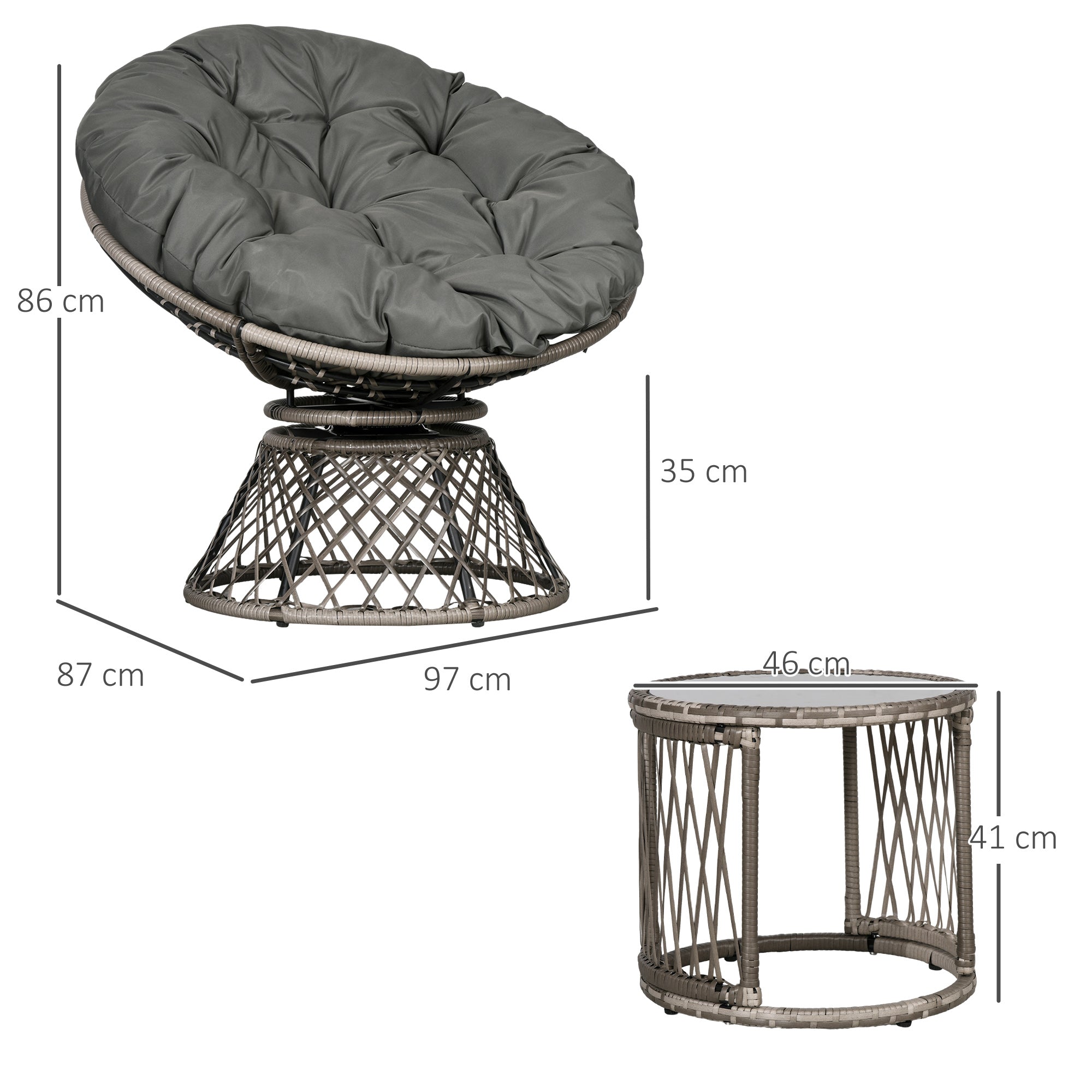 Three-Piece Rattan Garden Moon Chair Set - Grey