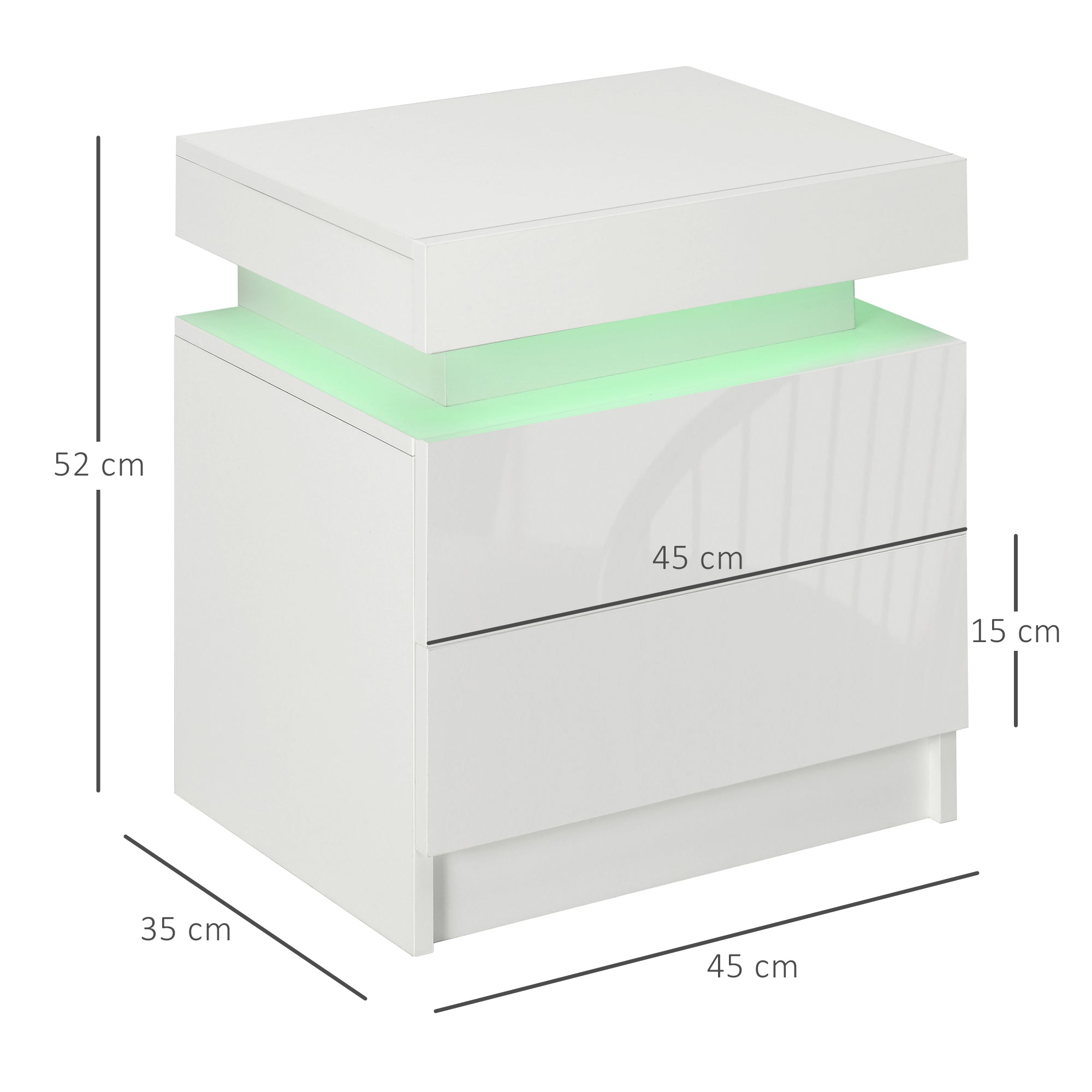 White Bedside Cabinets with LED Light, High Gloss Front Nightstand with 2 Drawers, for Living Room, Bedroom