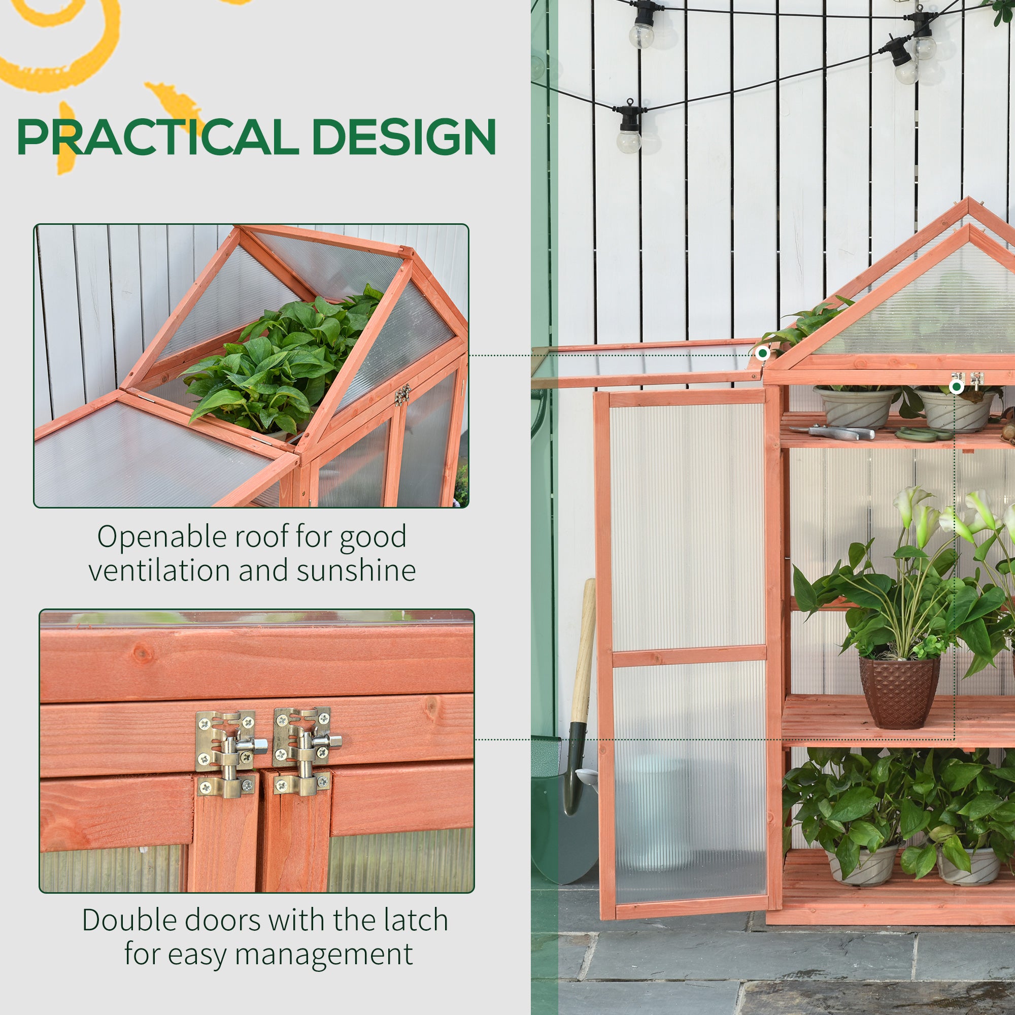 3-Tier Wooden Cold Frame Greenhouse Garden Polycarbonate Grow House w/ Adjustable Shelves, Double Doors, 80 x 47 x 138 cm, Orange