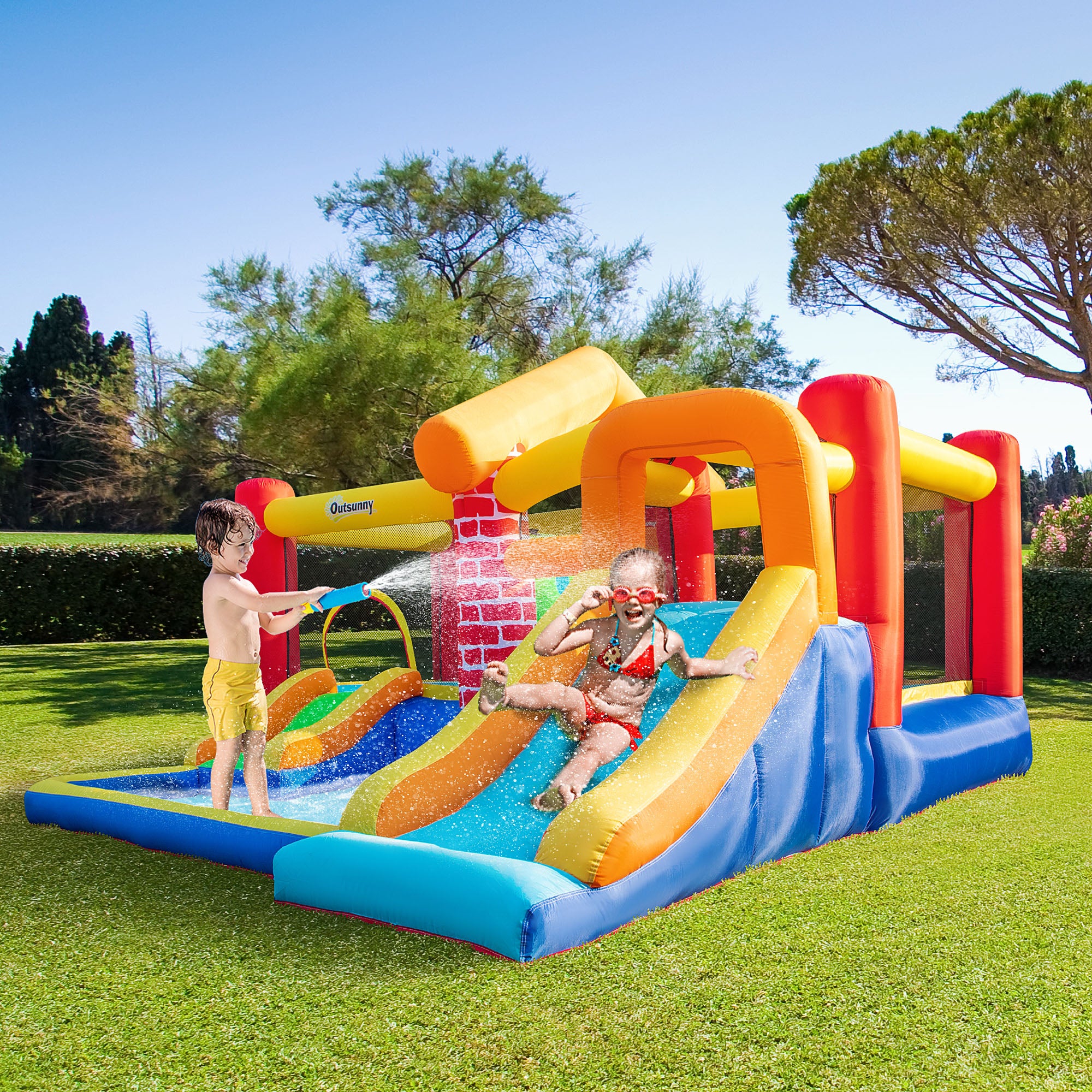 4 in 1 Kids Bounce Castle Extra Large Double Slides & Trampoline Design Inflatable House Pool Climbing Wall for Kids Age 3-8, 3.8x3.7x2.3m