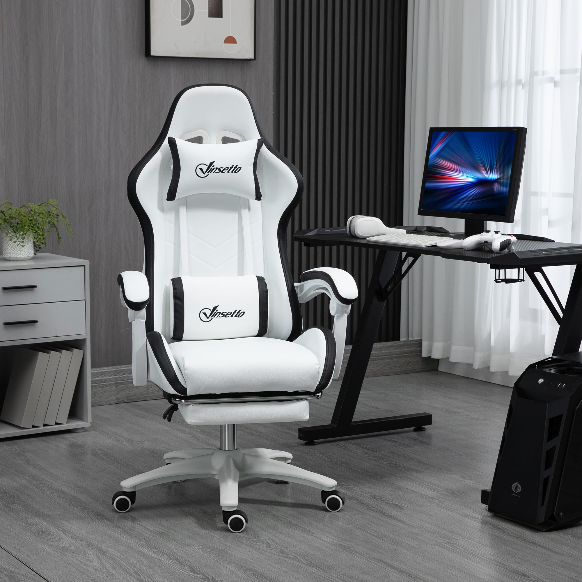 Racing Gaming Chair, Reclining PU Leather Computer Chair with 360 Degree Swivel Seat, Footrest, Removable Headrest White and Black