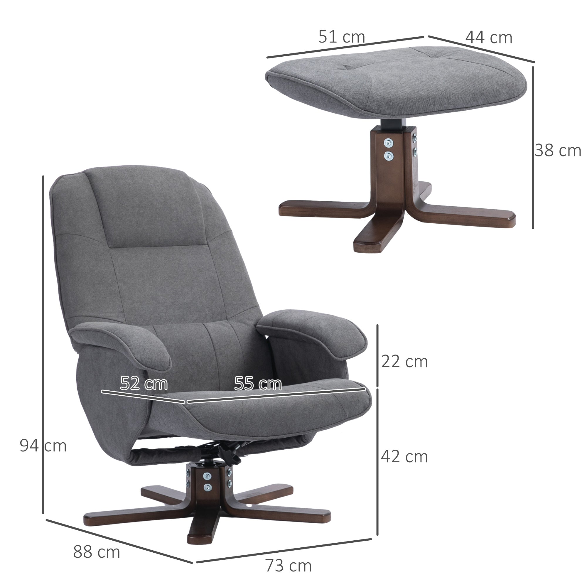 Linen Swivel Recliner Armchair with Footstool and Wooden Base - Grey