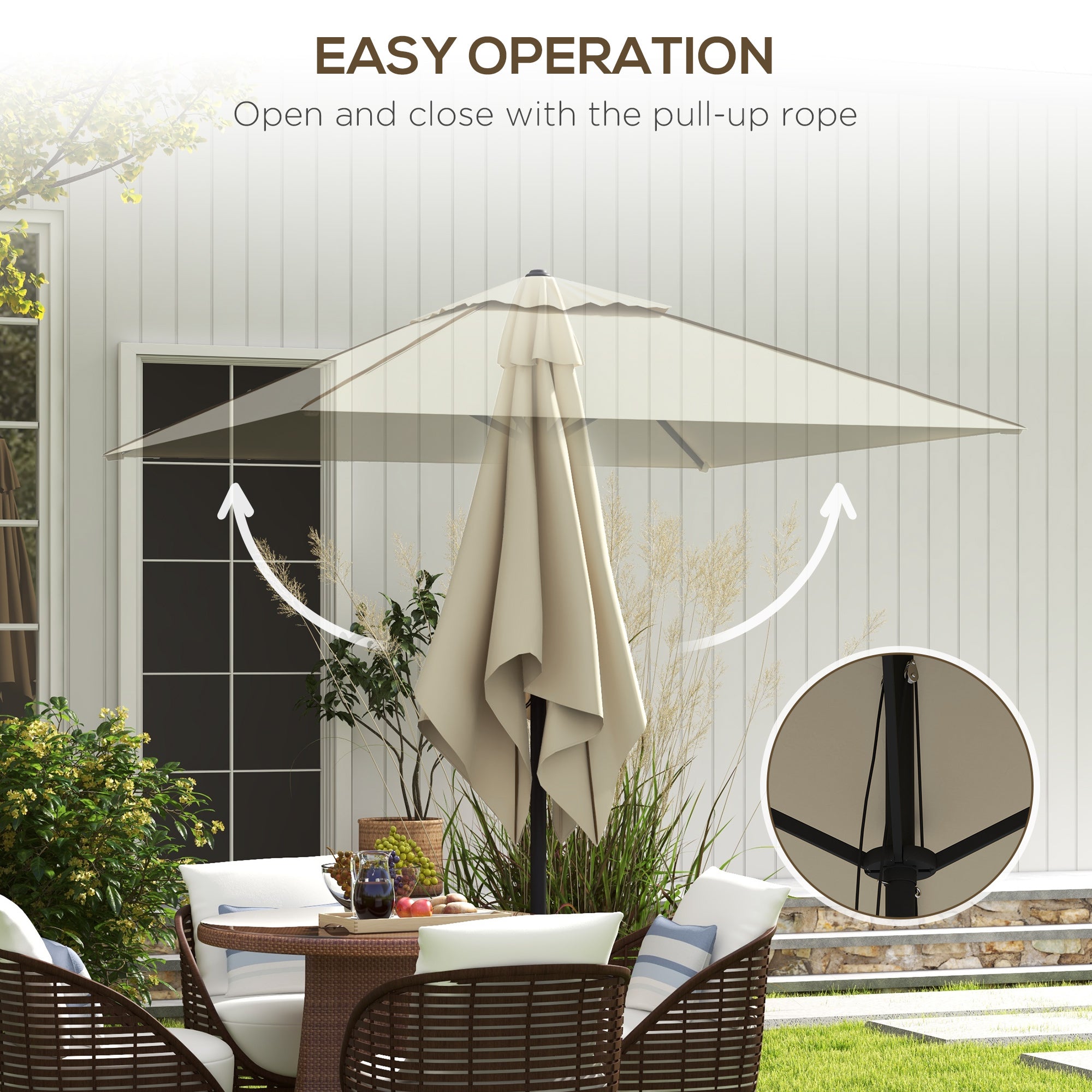 Patio Parasol Umbrella with Vent, Garden Market Table Umbrella Sun Shade Canopy with Piping Side, Beige