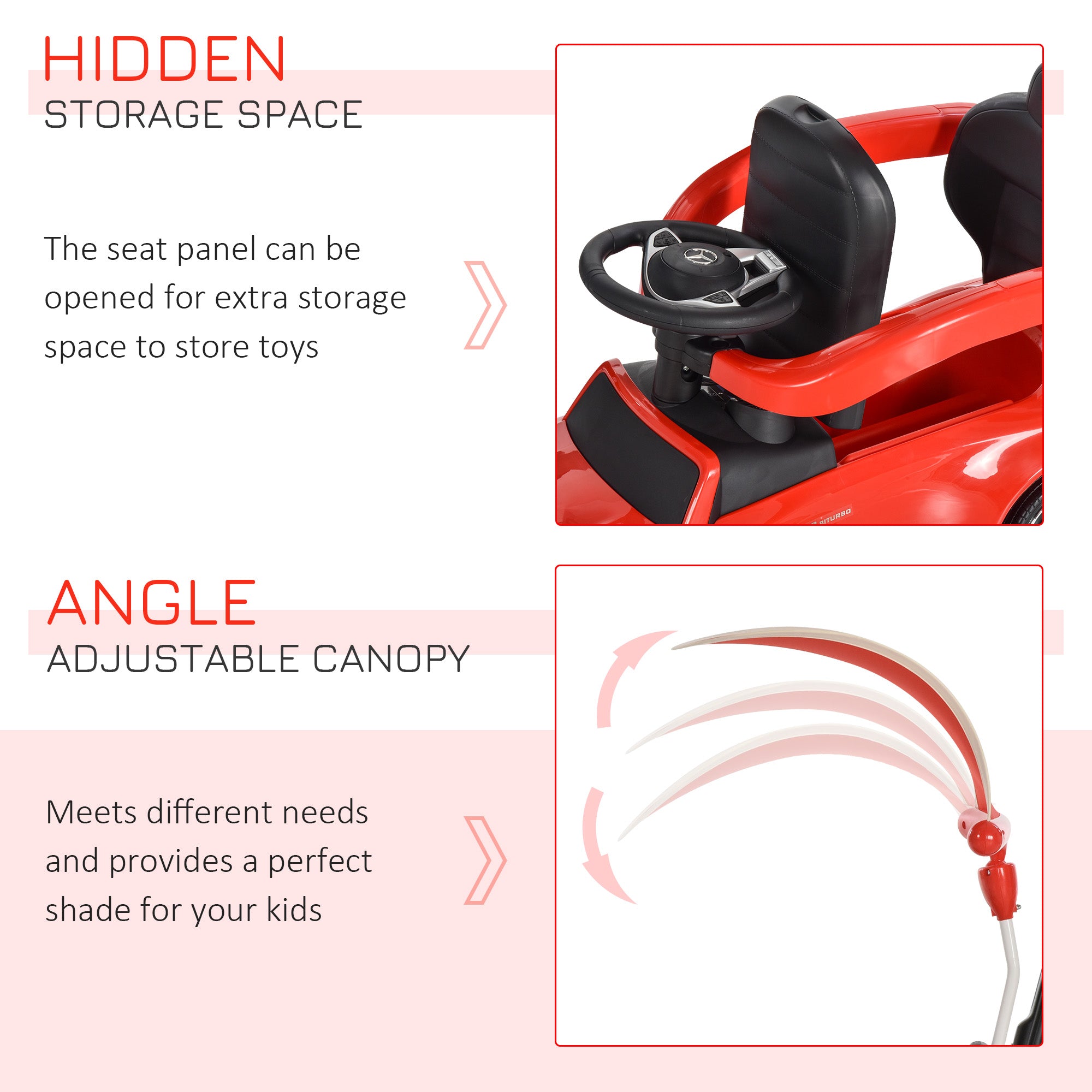 3 in 1 Ride On Push Along Car Mercedes Benz for Toddlers Stroller Sliding Walking Car with Sun Canopy Horn Safety Bar Cup Holder Ride on Toy