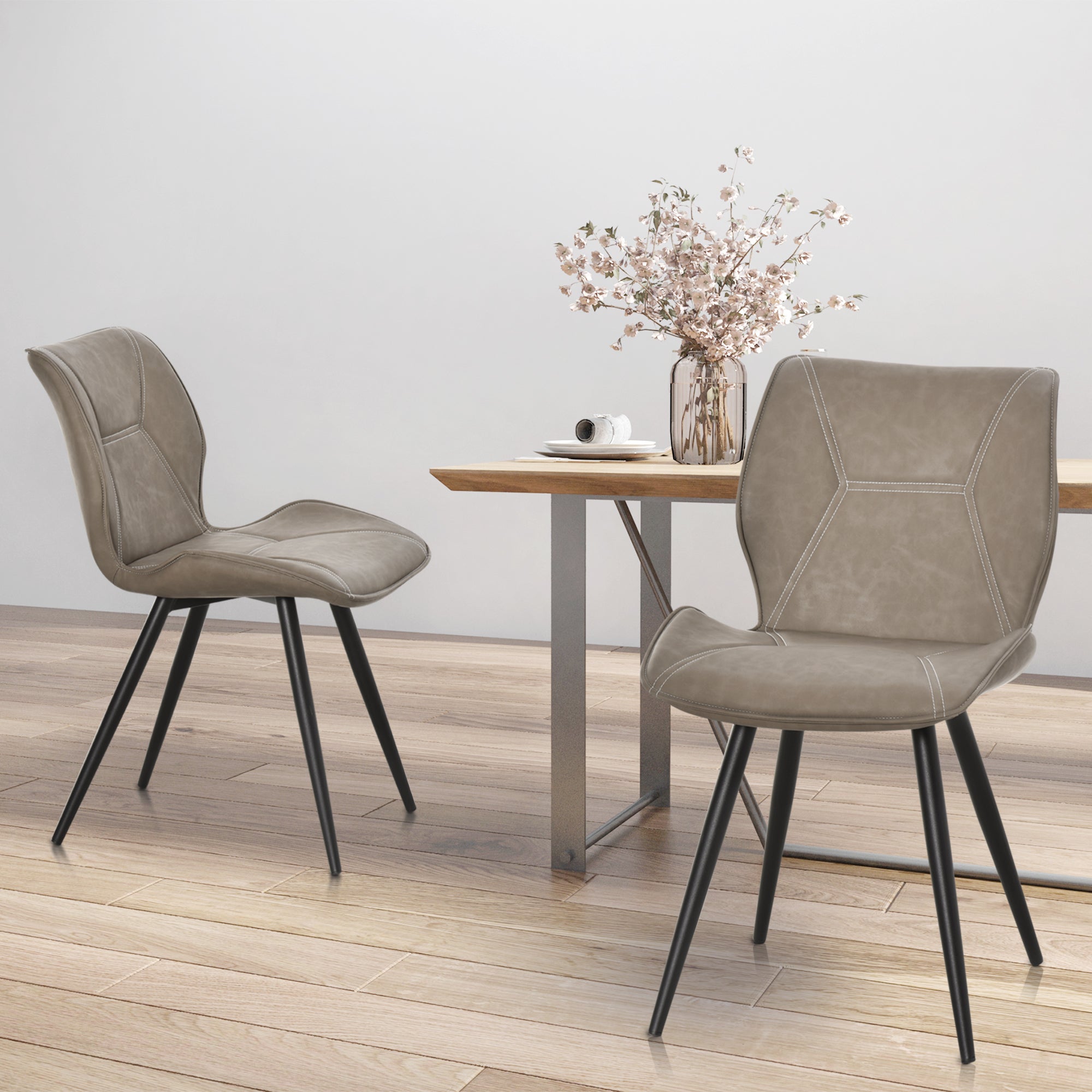 Set of 2 Contrast Stitched PU Leather Racing-Style Dining Chairs Accent Seat w/ Steel Legs Ergonomic Back Padding Home Living Room Brown