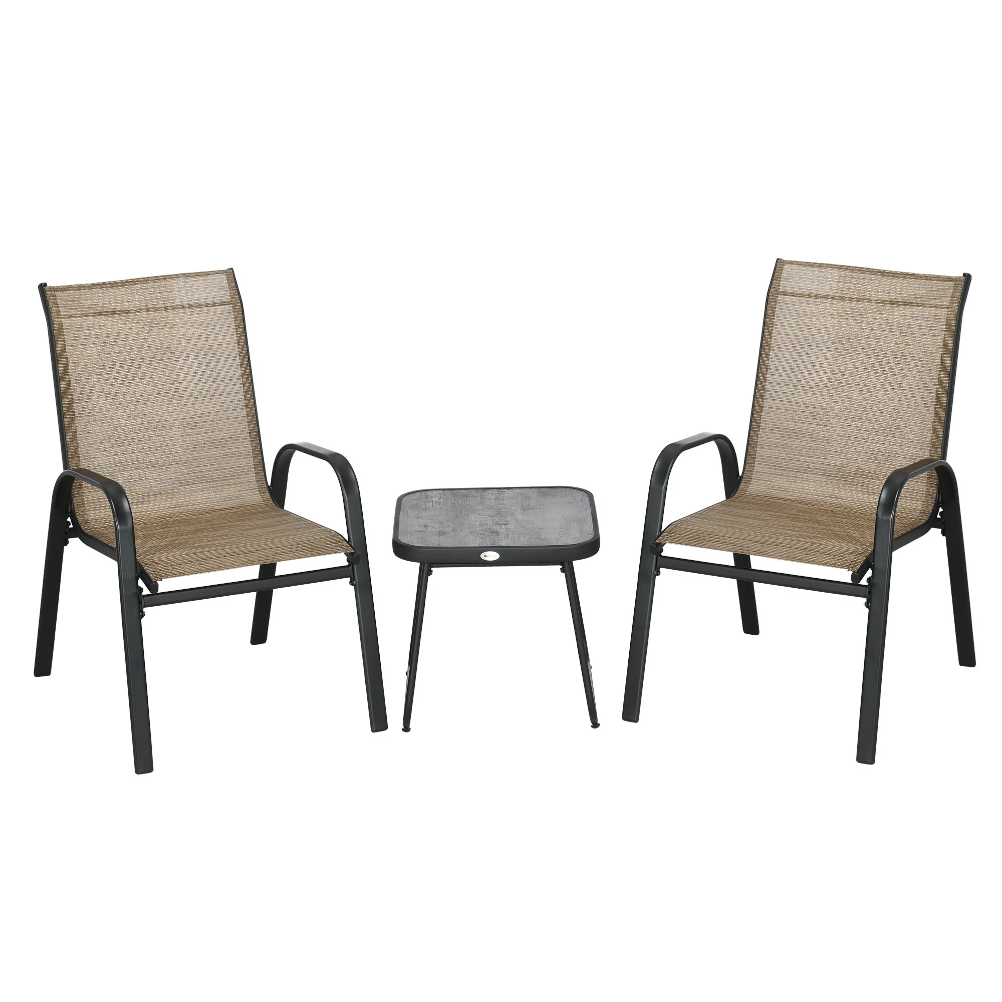 3 Pieces Outdoot Bistro Set, Patio Stackable Armchairs with Breathable Mesh Fabric and PSC Board Coffee Table, Brown