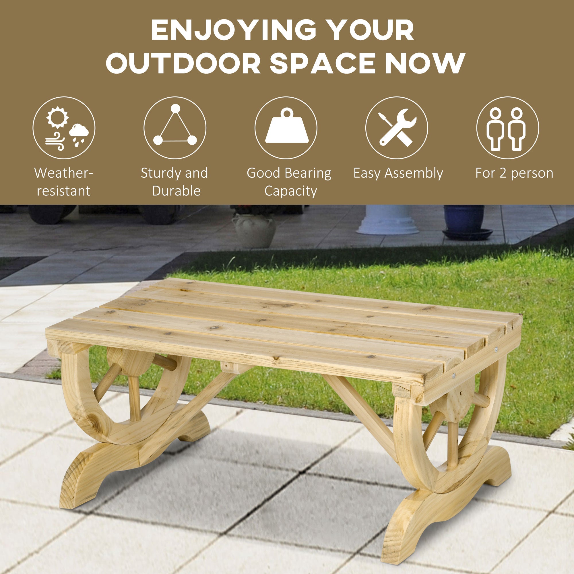 Rustic 2-Person Wooden Garden Bench with Wagon Wheel Legs Slatted Seat - Natural Wood Effect