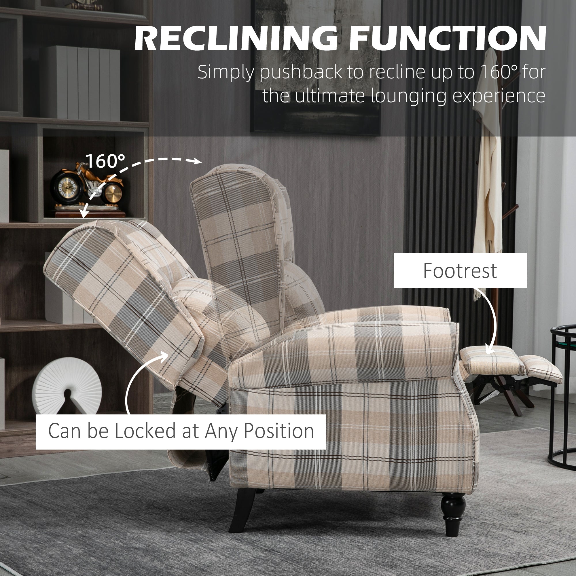 Recliner Armchair Push Back Recliner Chair Living Room Furniture Cushion Padded Seat with Armrest Khaki