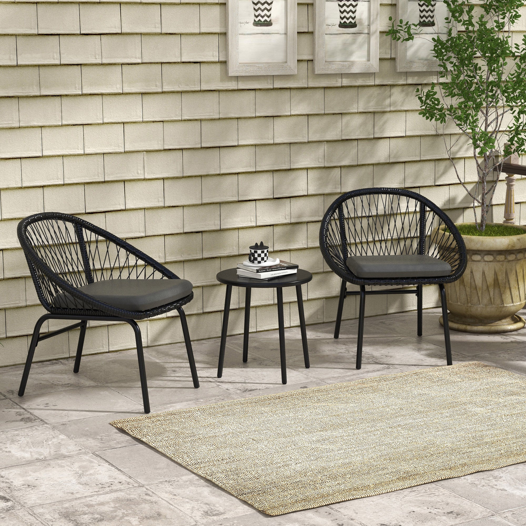 3 Piece Garden Furniture Set with Cushions, Round PE Rattan Bistro Set w/ 2 Armchairs & Metal Plate Coffee Table