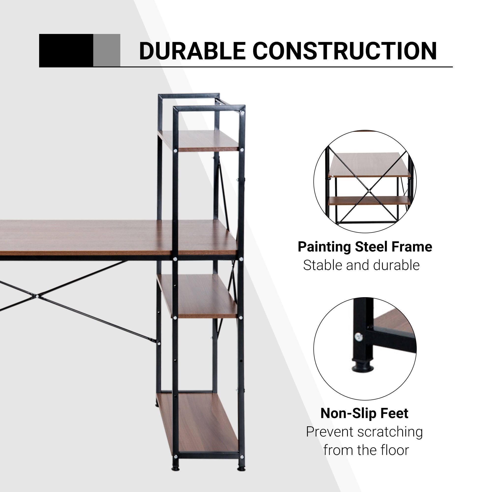 Computer Desk PC Table Study Workstation Home Office with 4-tier Bookshelf Storage Metal Frame Wooden Top (Walnut & Black)