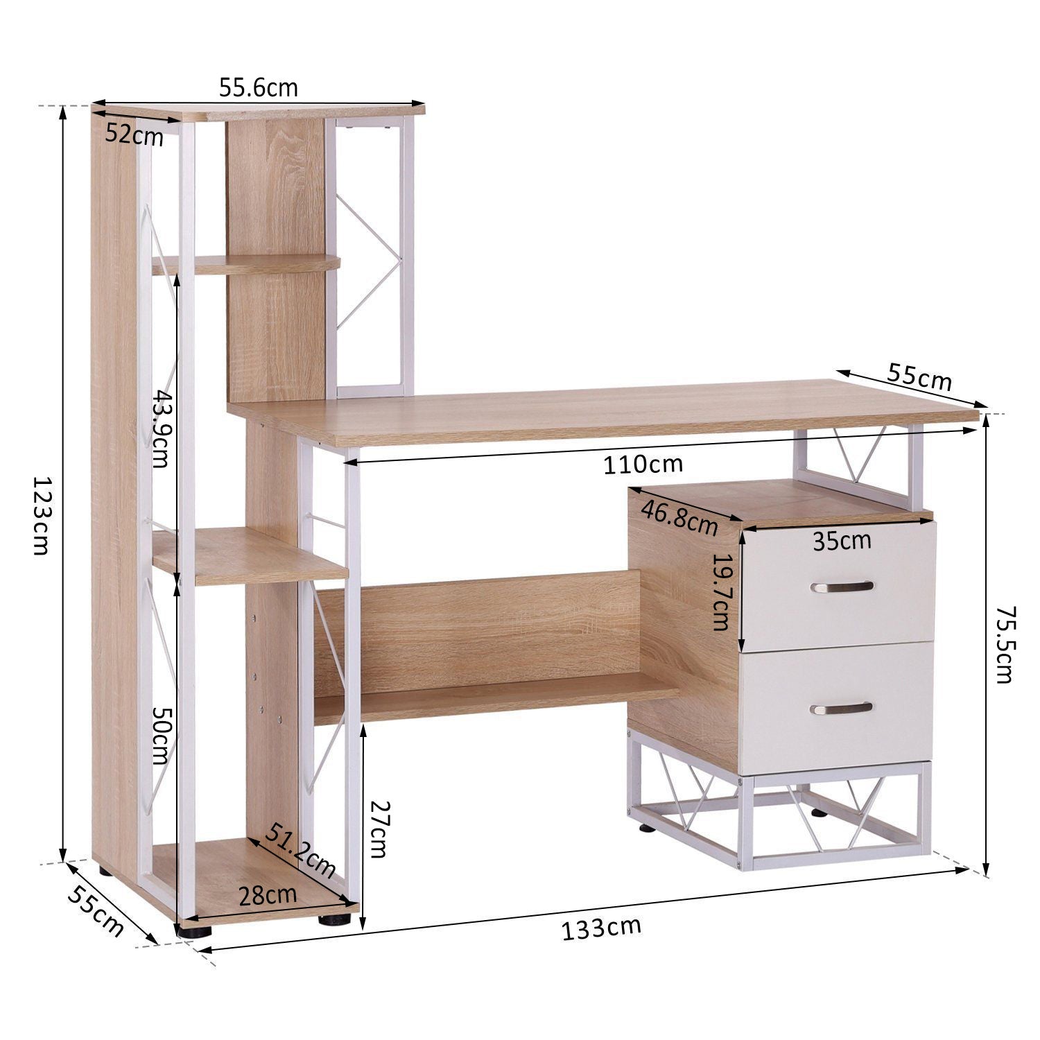 Computer Writing Desk PC Workstation w/2 Drawers Multi-Shelves Home Office Furniture