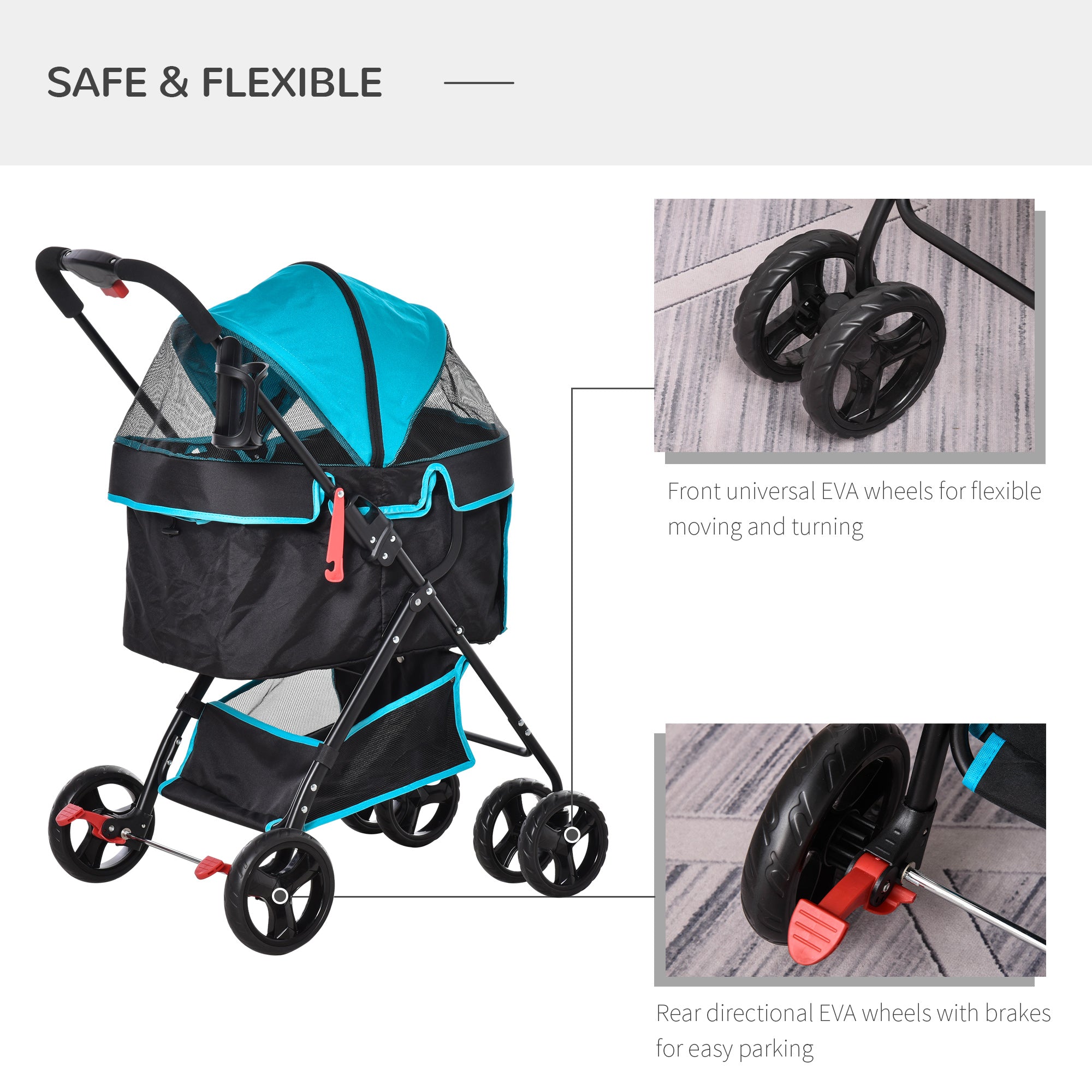 Pet Stroller Pushchair Travel One-Click Fold Trolley with EVA Wheels Brake Removable Cloth Basket Bottle Holder Adjustable Canopy Safety Leash