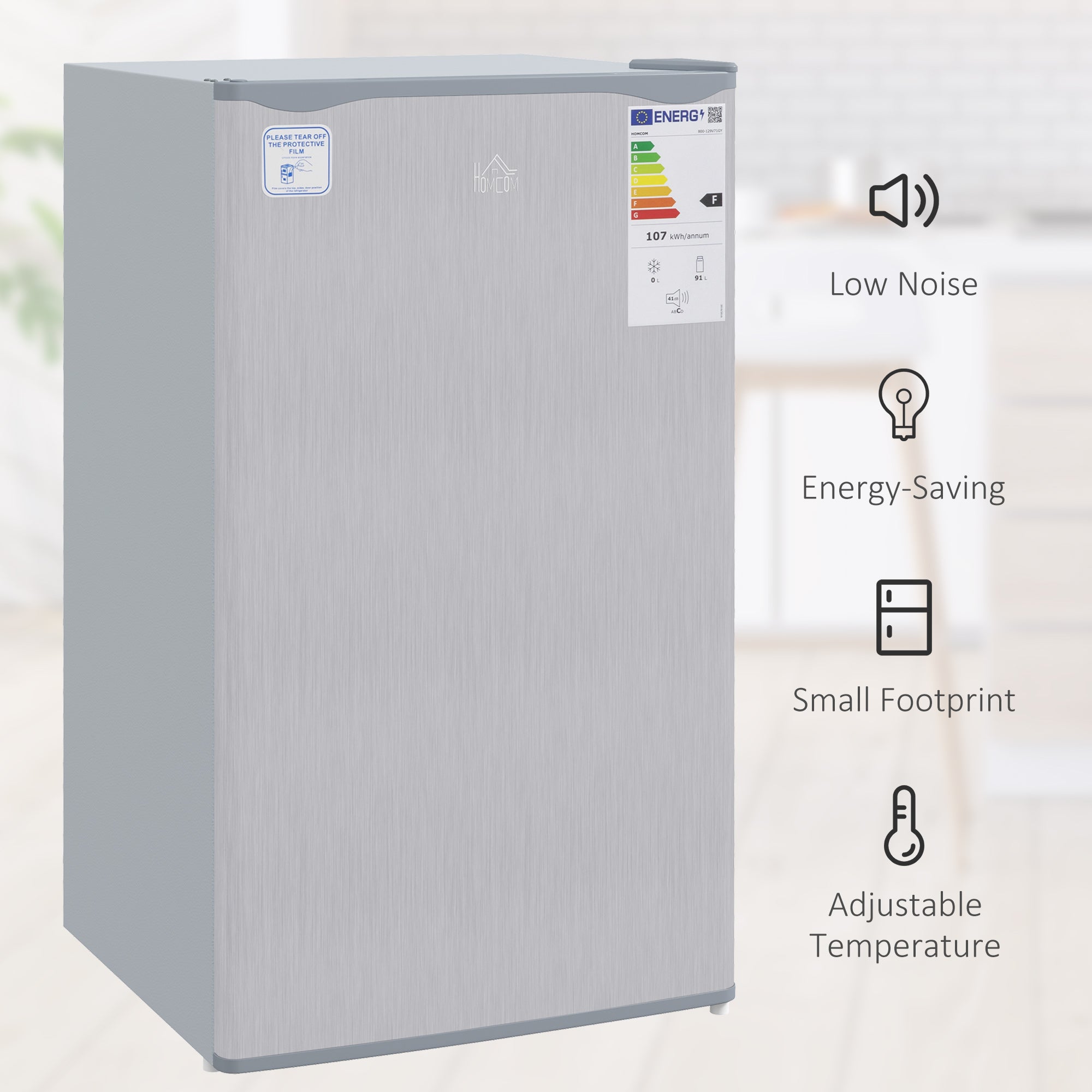 91 Litre Freestanding Under Counter Fridge Freezer with Chiller Box, Reversible Door, Adjustable Thermostat, 47.5cm Wide, Noise Level: Decibels 40, Grey