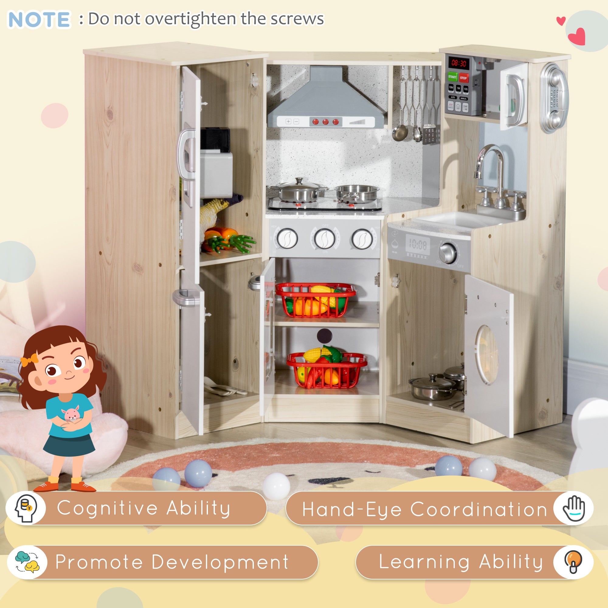 Toy Kitchen for Kids with Role Play Accessories, Wooden Corner Pretend Kitchen with Sound and Light, Phone, Microwave, Refrigerator, Ice Maker