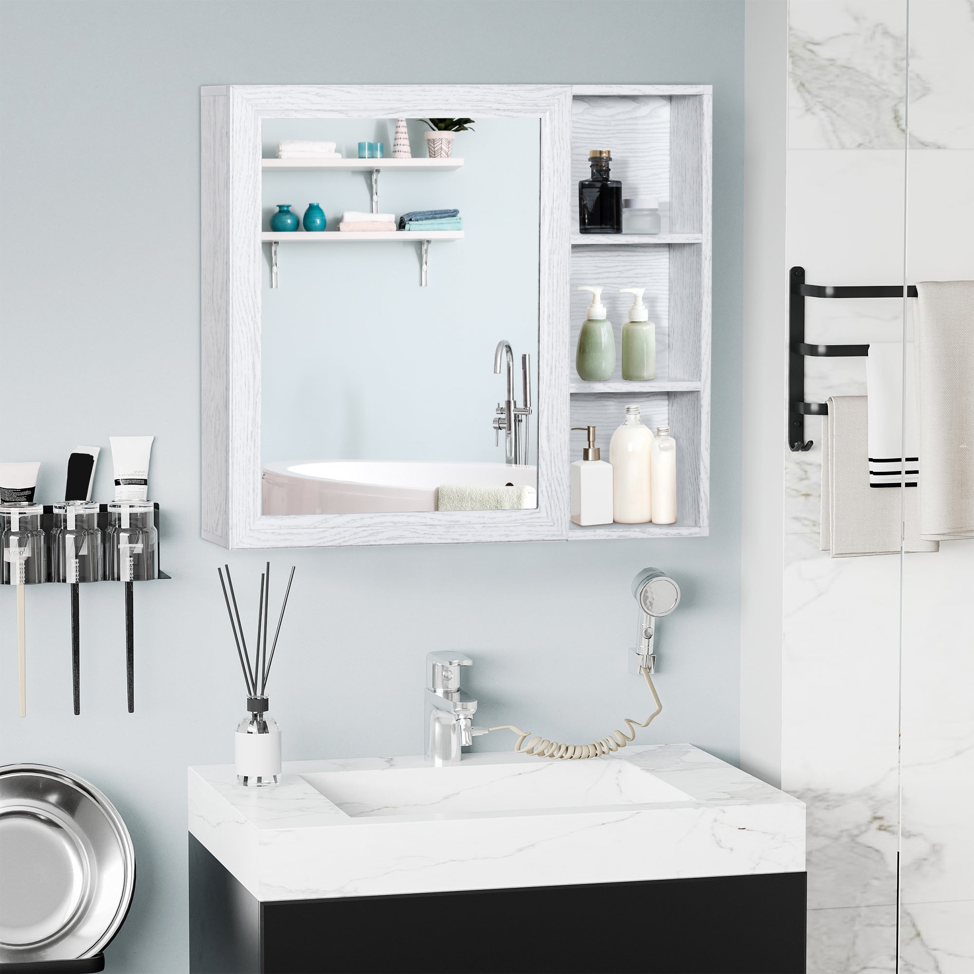 Bathroom Cabinet Wall Mounted, Aluminium Storage Organiser with Single Mirrored Door and 3-tier Shelves, White