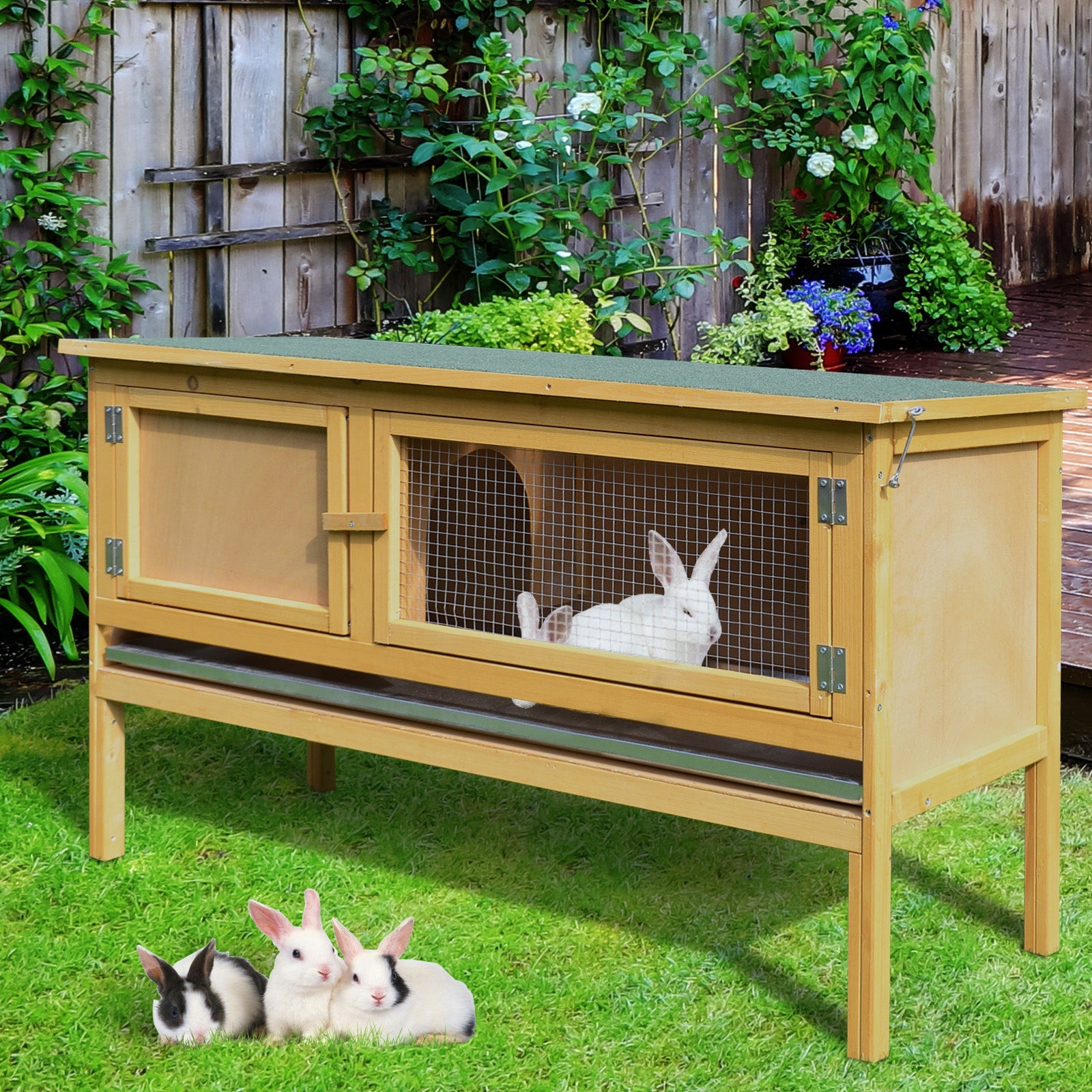 Wooden Rabbit Hutch Bunny Cage Outdoor Small Animal House w/Hinged Top Slide out Tray 115 x 44.3 x 65 cm