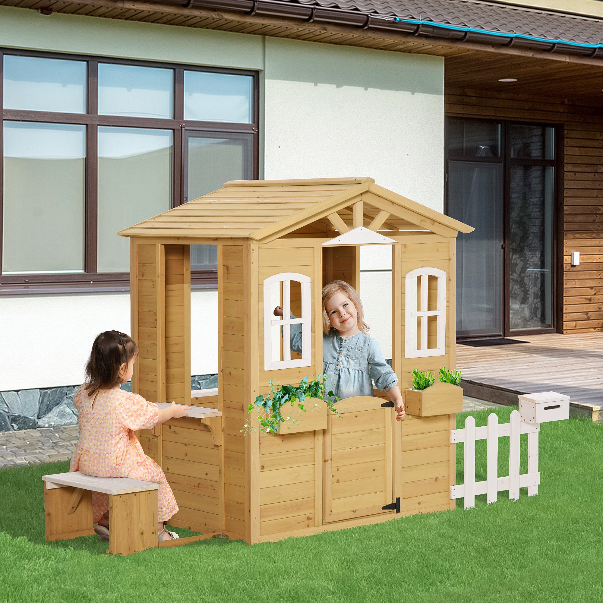 Wooden Playhouse for Outdoor with Door Windows Mailbox Flower Pot Holder Serving Station Bench for Kids Children Toddlers Natural